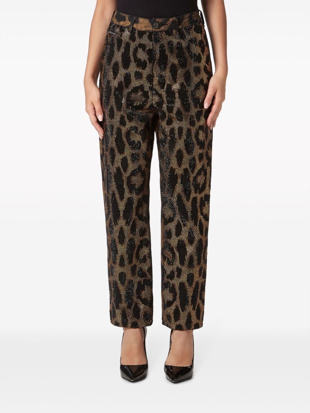 crystal-embellished leopard jeans - 2