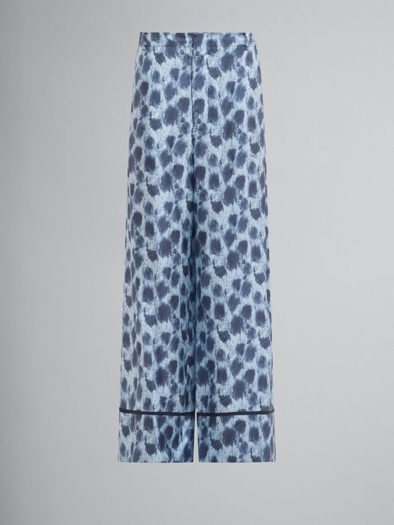 LIGHT BLUE SILK PALAZZO TROUSERS WITH CRAYON LEOPARD PRINT 1
