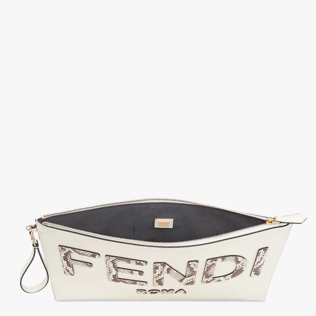 Large pouch with removable bracelet handle. Zip fastening. Made of white leather. Embellished with p - 3