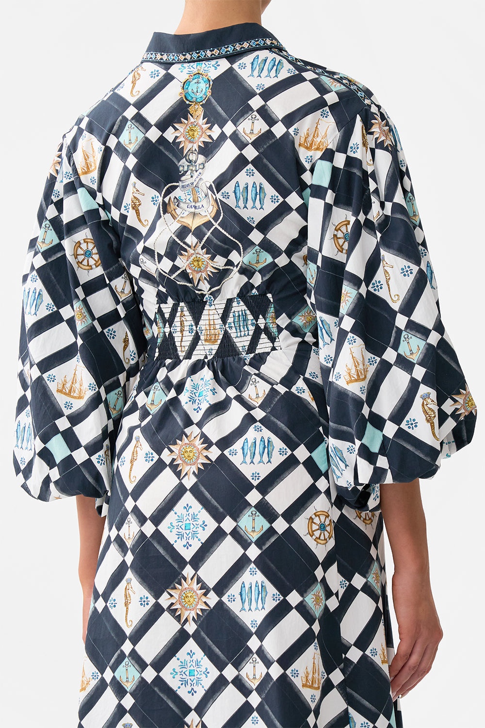 WAIST TIE SHIRT DRESS WITH BUBBLE SLEEVE - 6