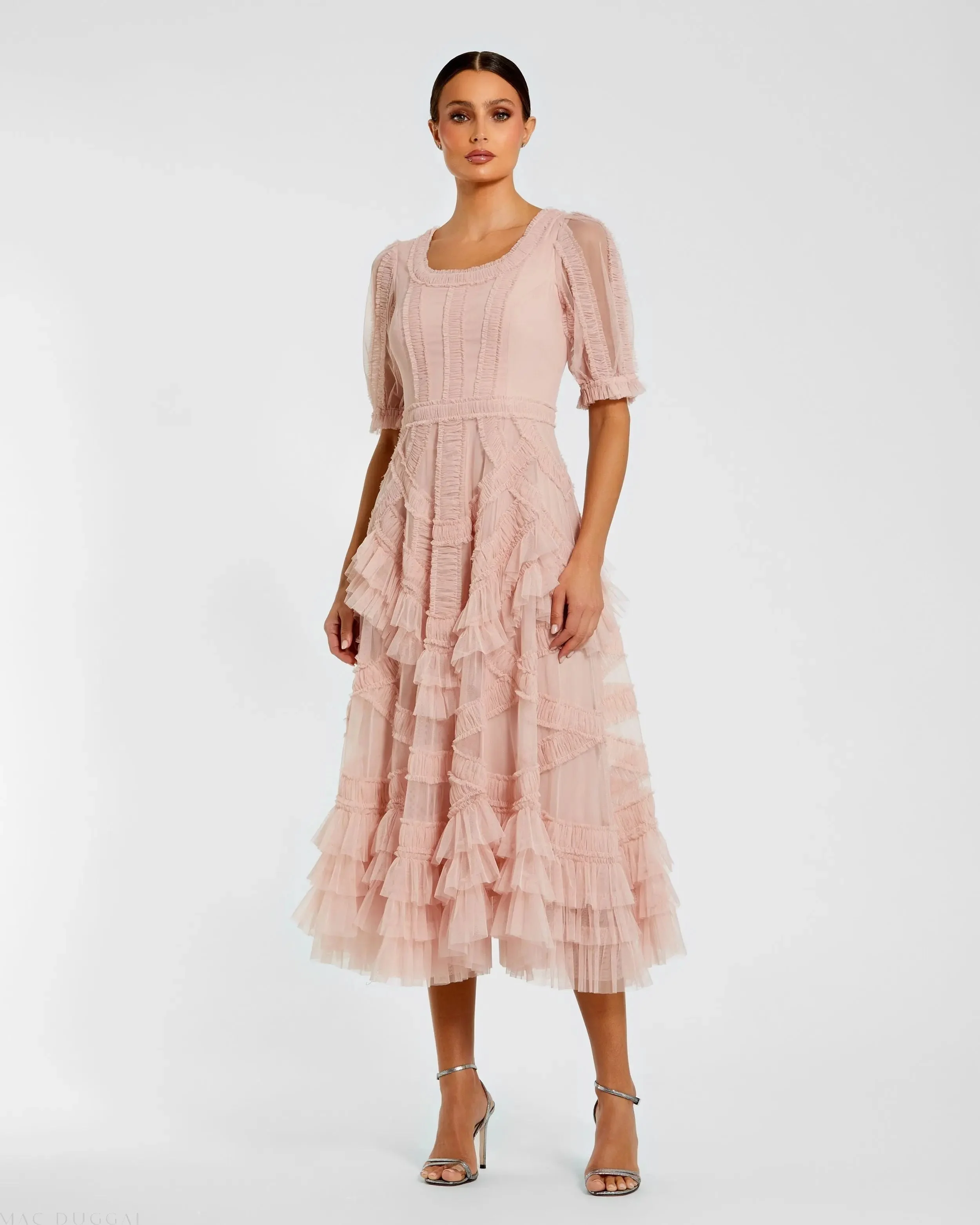 Pink Short Sleeve Micro Ruffle Midi Dress - 1