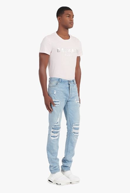 Slim cut ripped light blue denim cotton jeans - 7