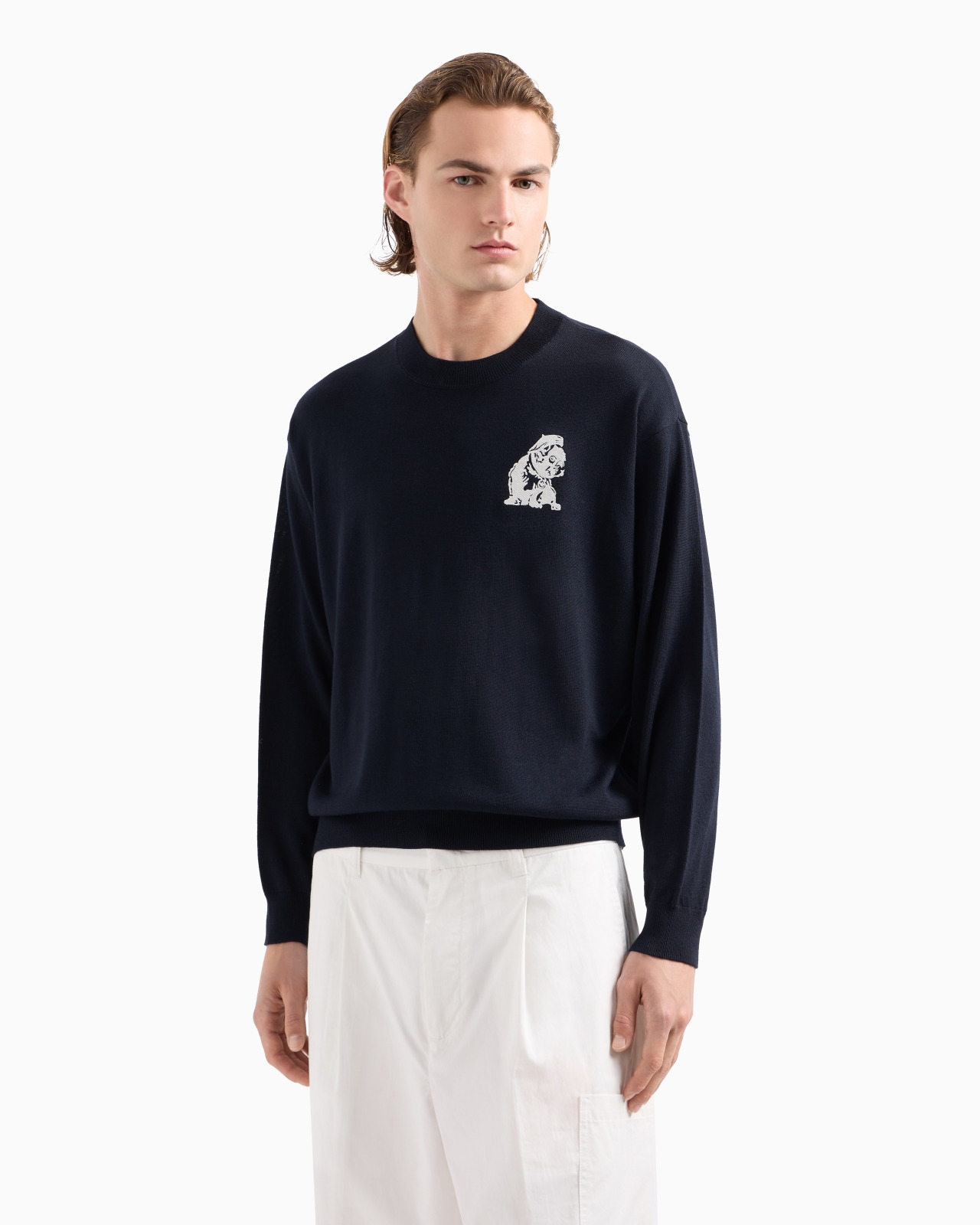 Plain-knit virgin-wool jumper with French bulldog embroidery - 2