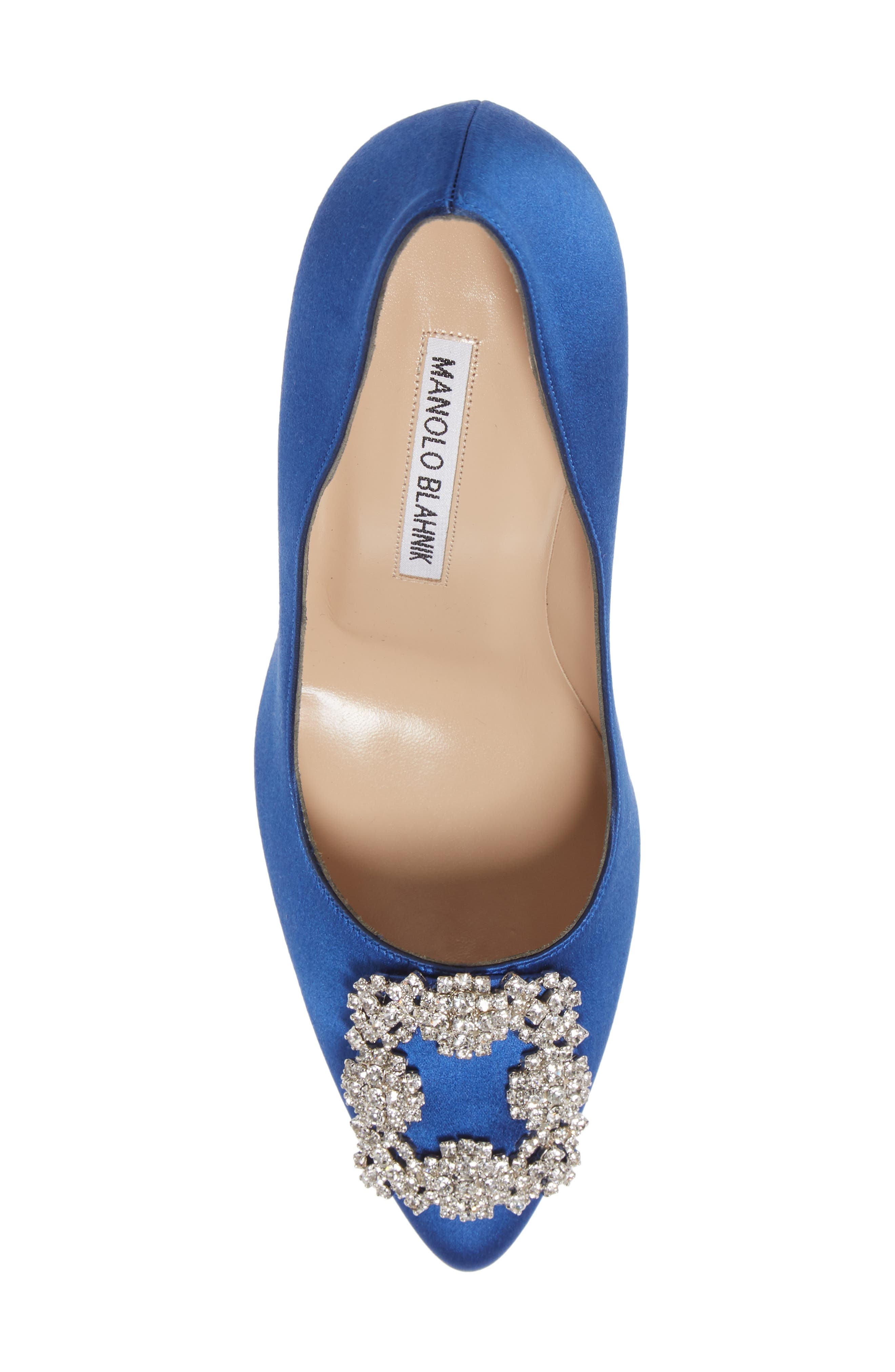 Manolo Blahnik Hangisi Crystal Buckle Pump in Blue Satin Clear/Buckle at Nordstrom - 5