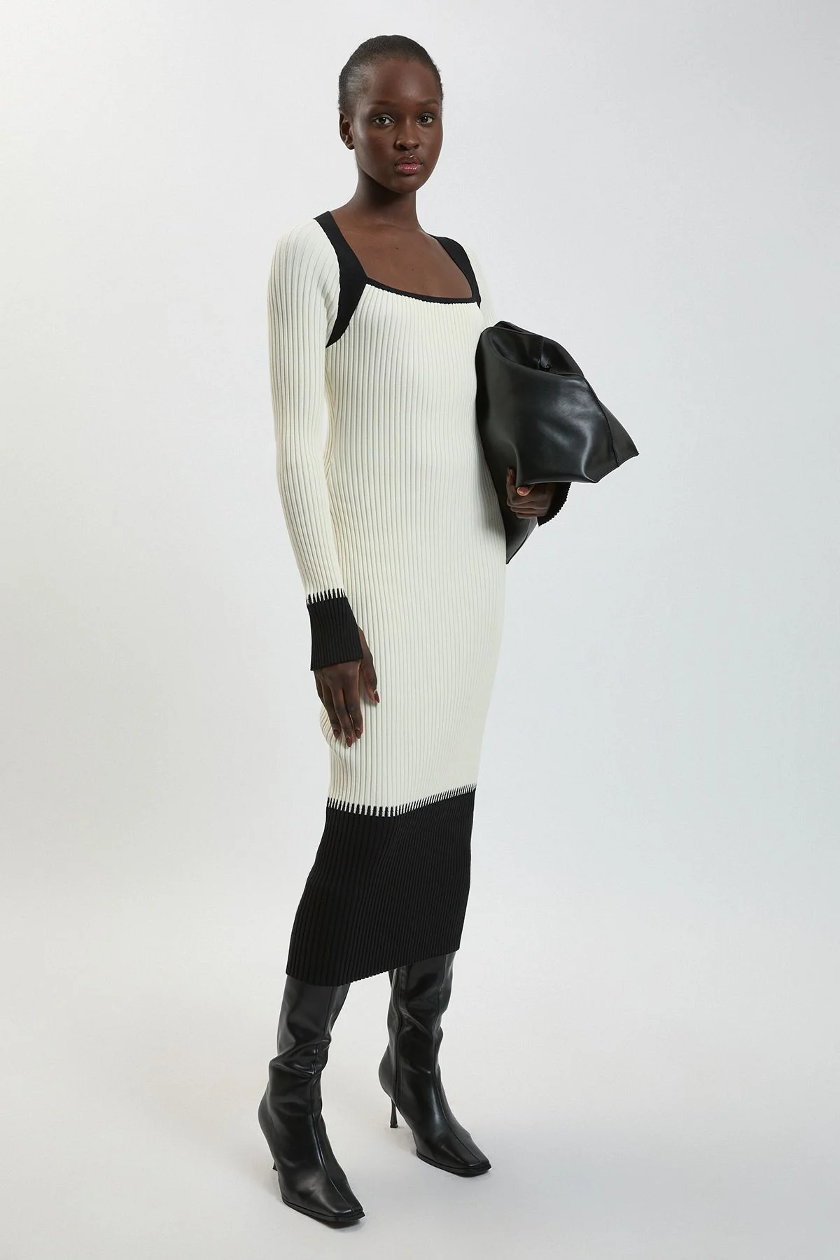 Block Colour Racked Rib Knitted Midi Dress - 1