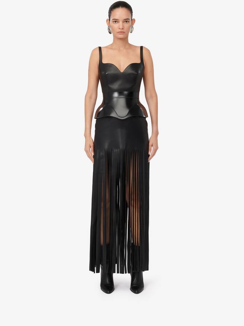 Women's Fringed Leather Pencil Dress in Black - 2