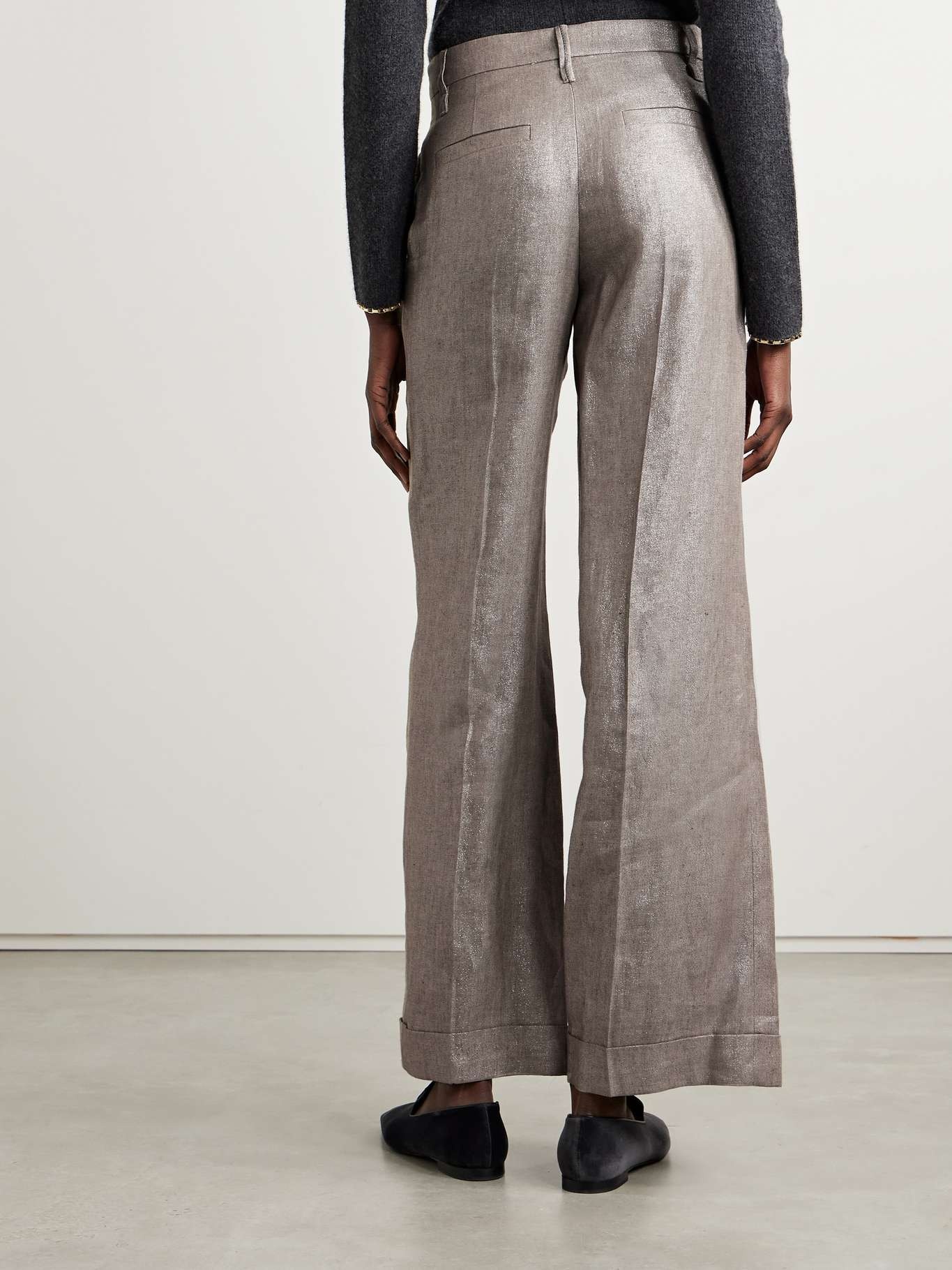 Metallic linen-blend twill wide-leg pants - 4
