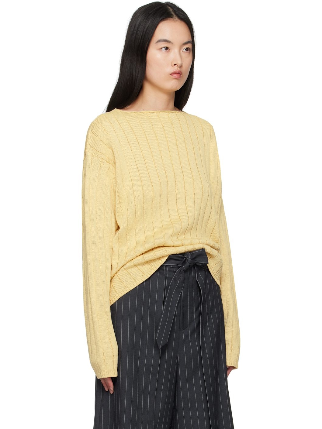 Yellow Flat Cord Yarn Boat Neck Sweater - 2