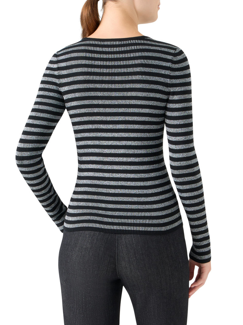 Women's Metallic Striped Merino Wool Rib-Knit Sweater - Black Brushed Steel 5