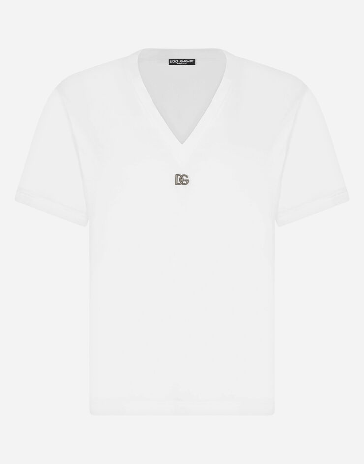 Cotton V-neck T-shirt with metal DG logo - 3