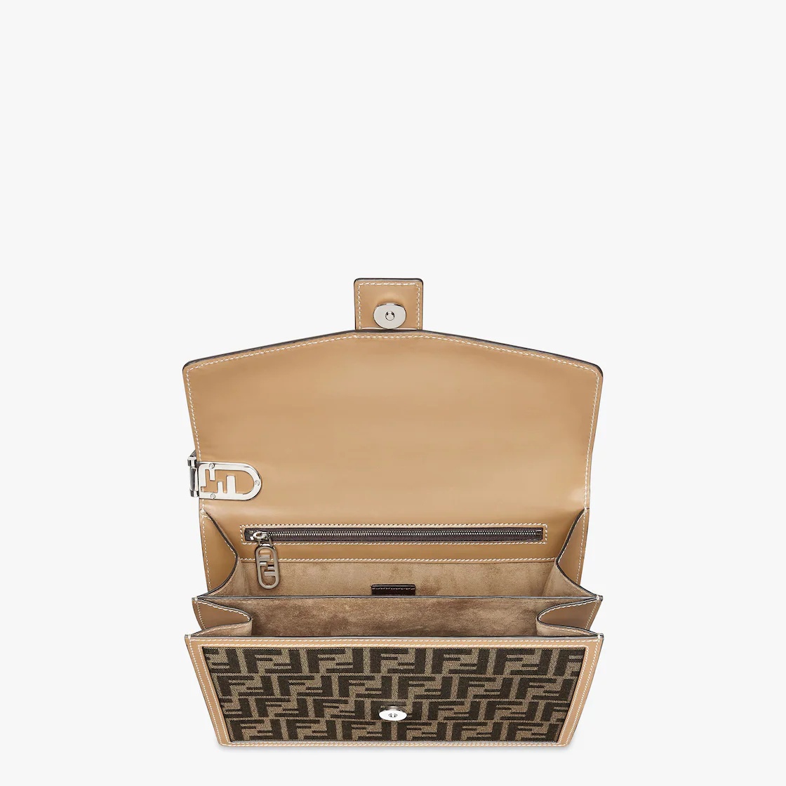 Clutch with flap and magnetic clasp. Bracelet handle with O’Lock detail. Lined interior divided into - 4
