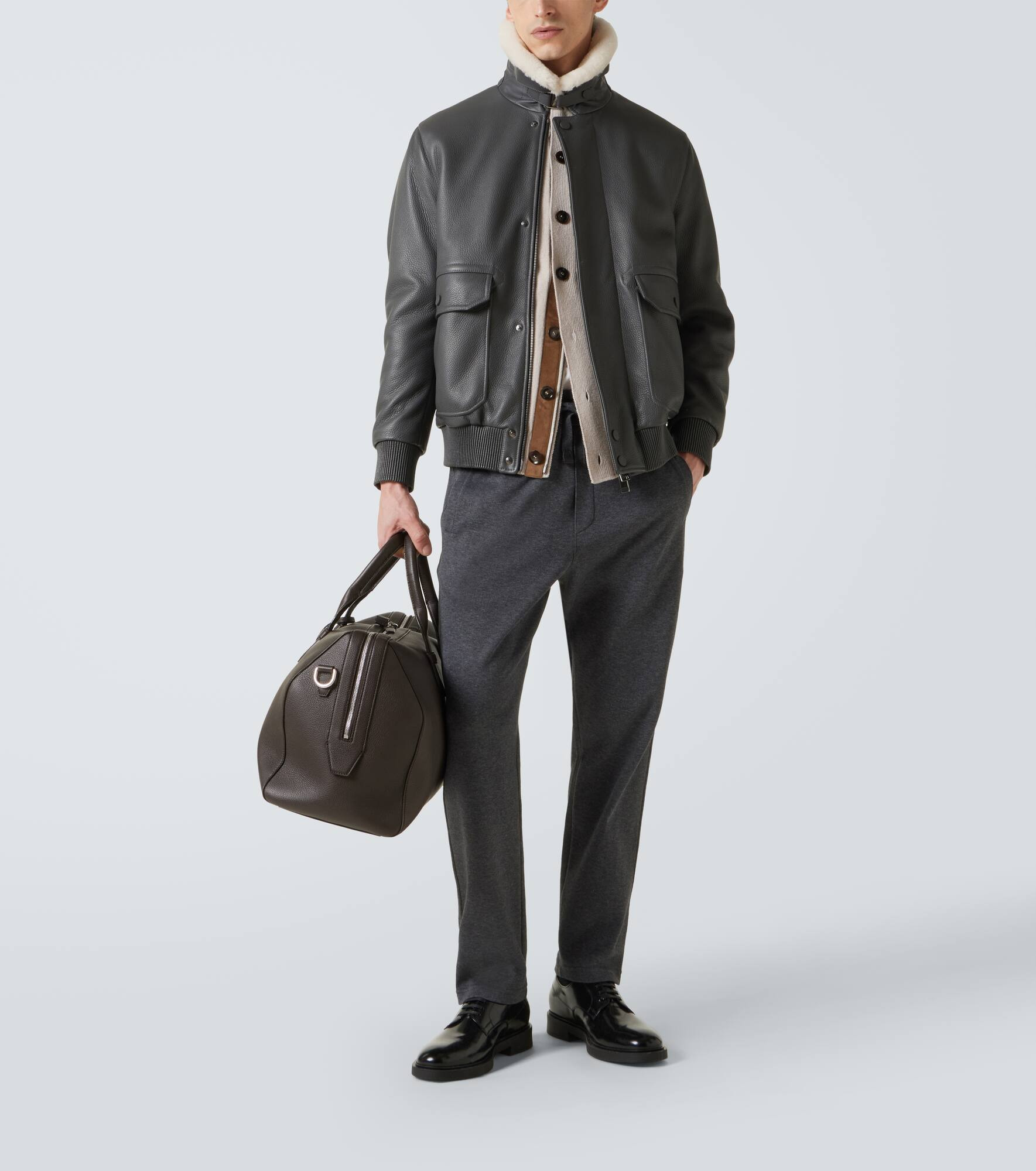 Shearling-trimmed leather bomber jacket - 2