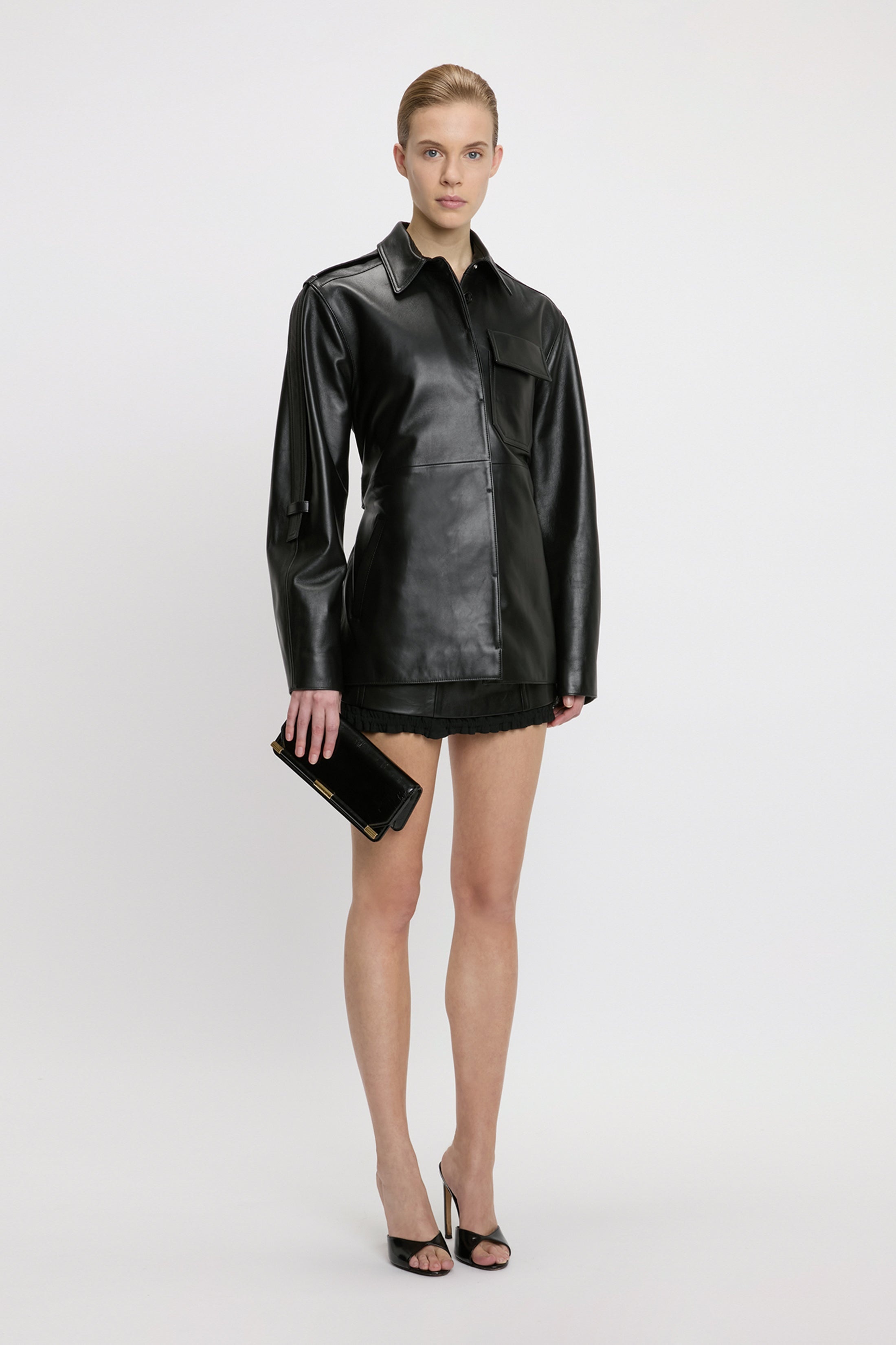 Belted Boxy Leather Jacket In Black - 3