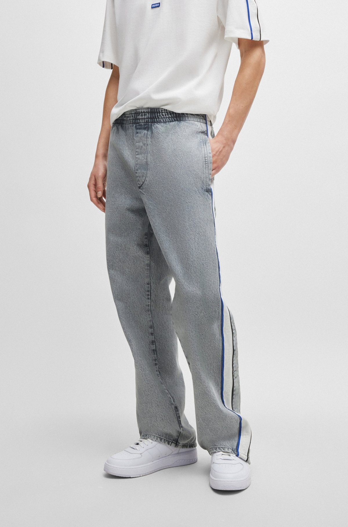 GREY RELAXED-FIT JEANS WITH SIDE POPPERS AND CONTRASTING TAPE - 2