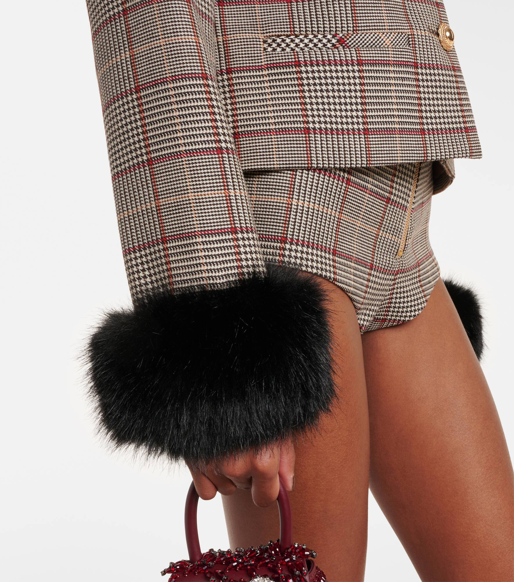 Checked faux fur-trimmed jacket - 5