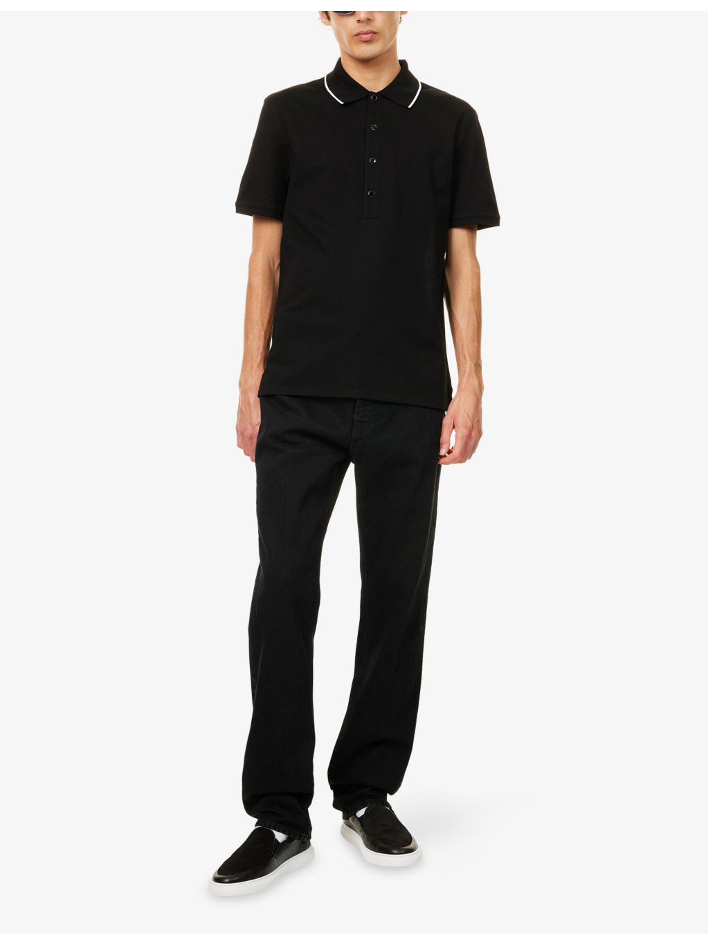 Classic-Collar Striped-Trim Cotton Polo Top - 2