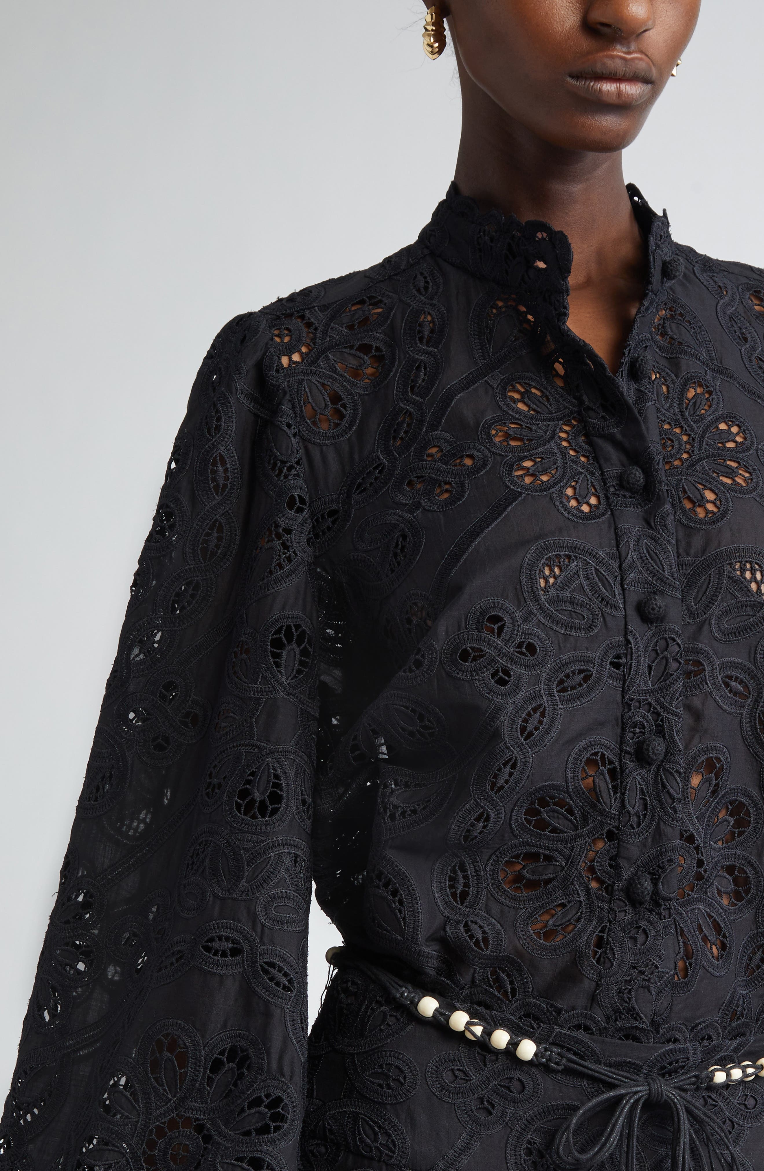 Zimmermann Rhiannon Guipure Lace Trim Cotton Shirt in Black at Nordstrom - 5