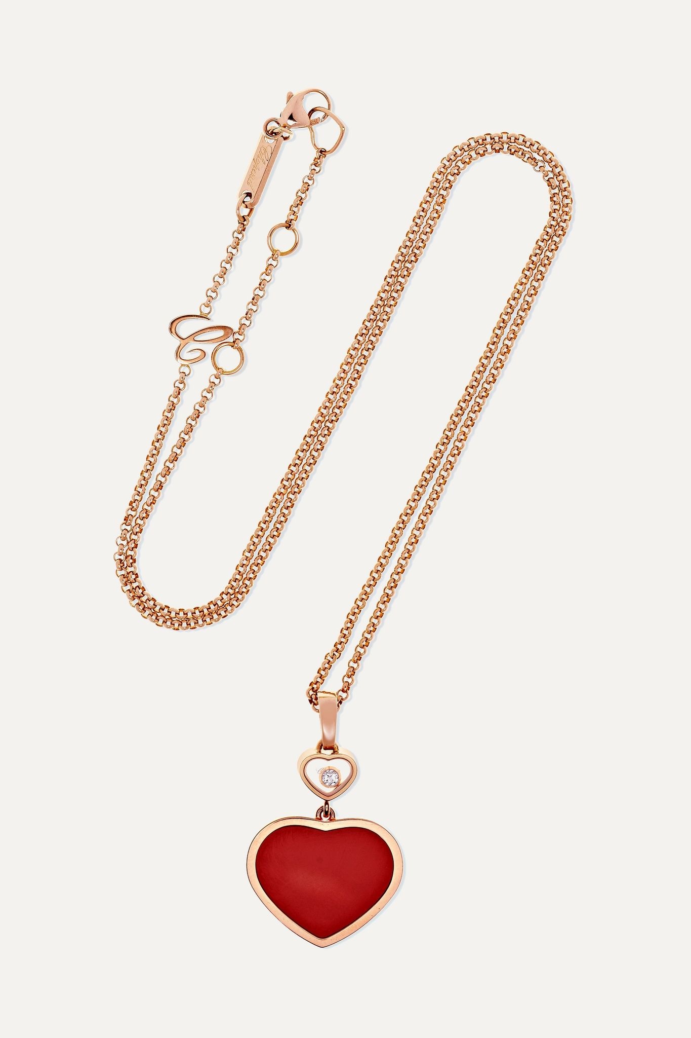 Happy Hearts 18-karat rose gold, diamond and red stone necklace - 1