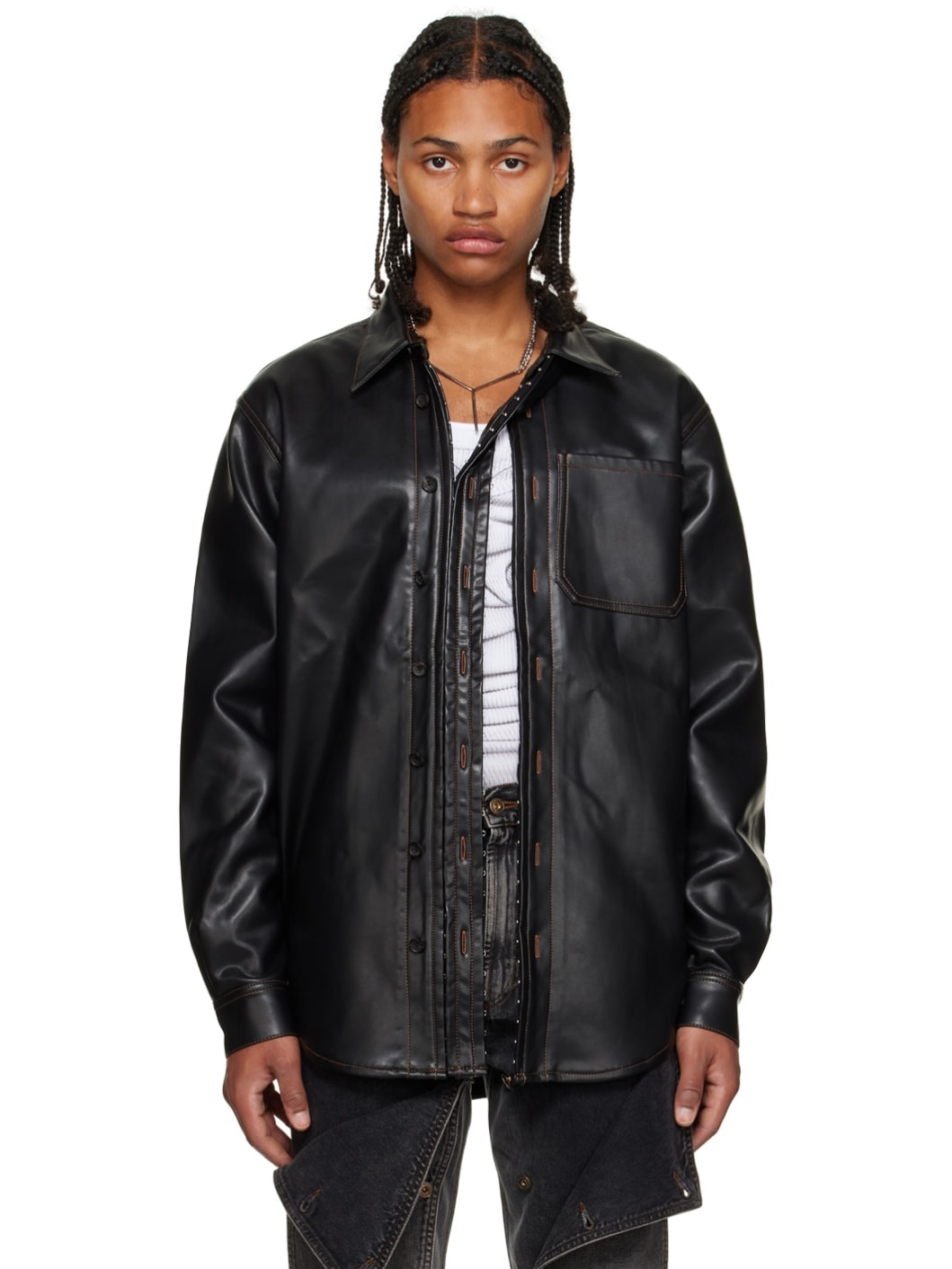 Black Hook-Eye Faux-Leather Shirt - 1