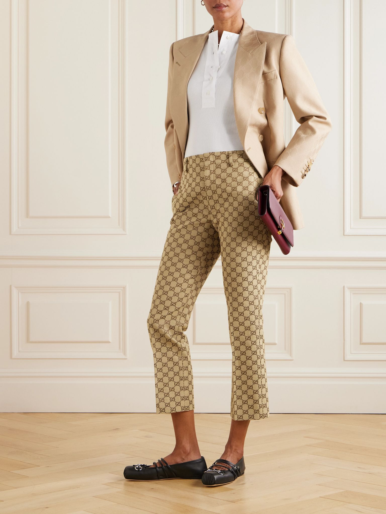 Cropped cotton-blend canvas-jacquard straight-leg pants Beige - 2