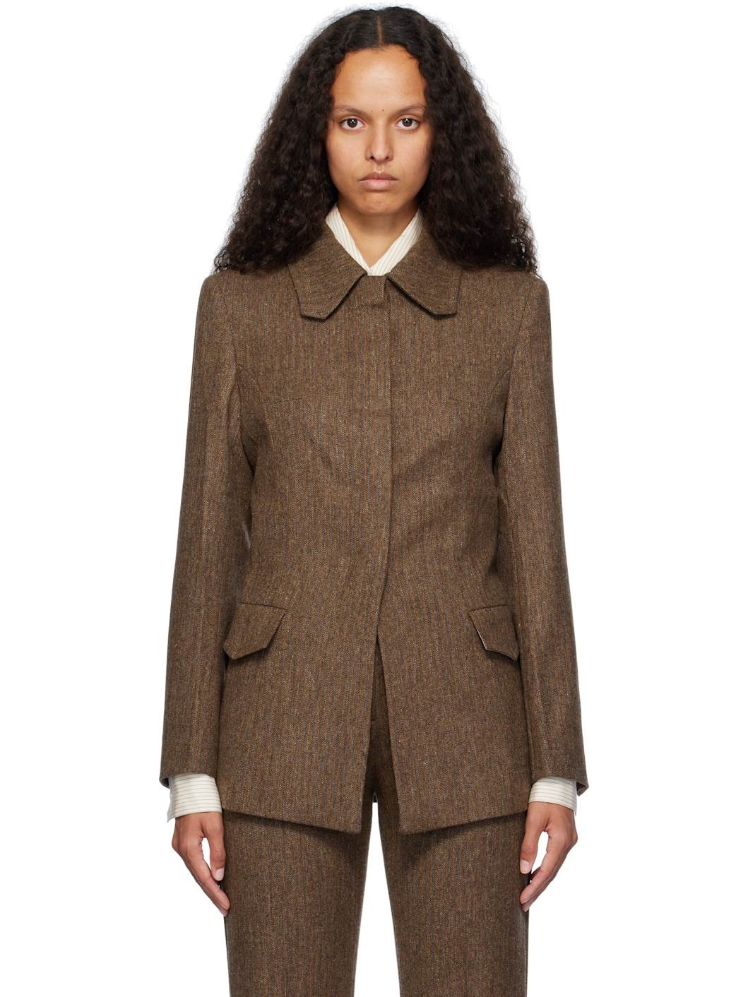 Brown Fitted Herringbone Blazer - 1