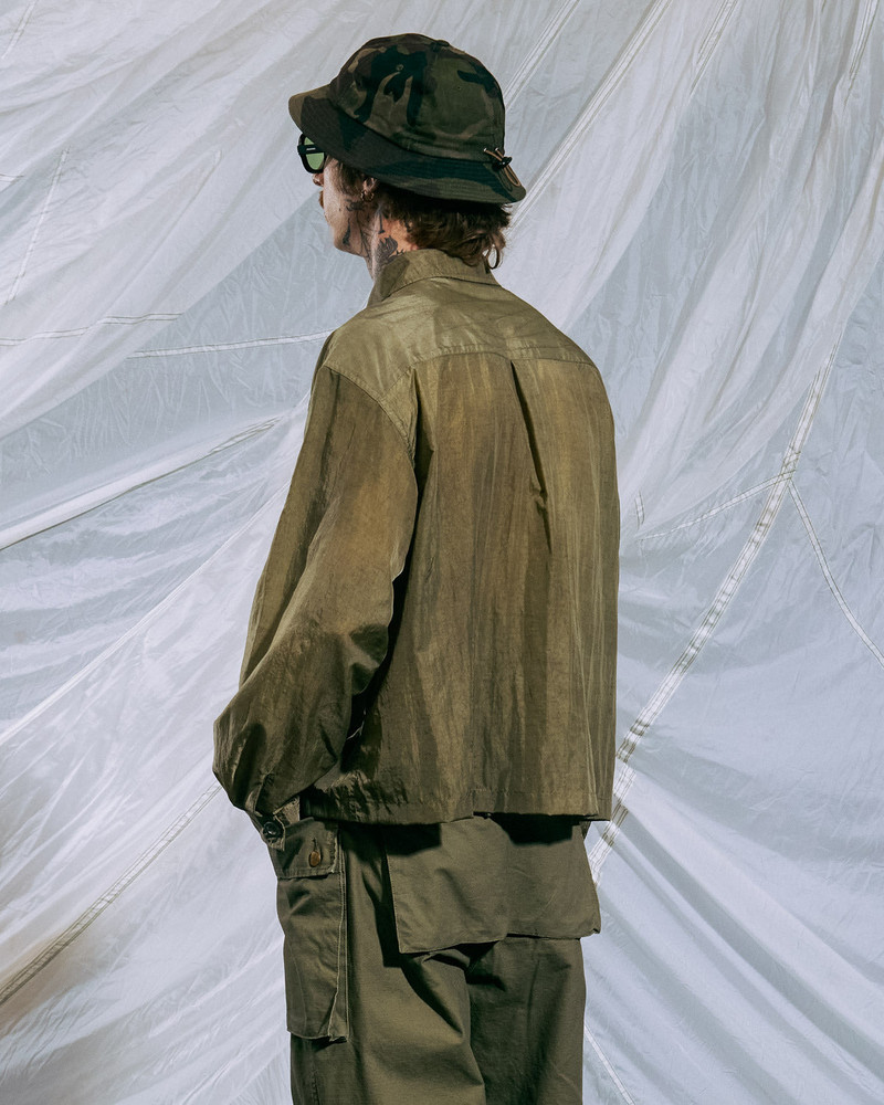 Cropped Nylon Button Up Shirt - Army 4