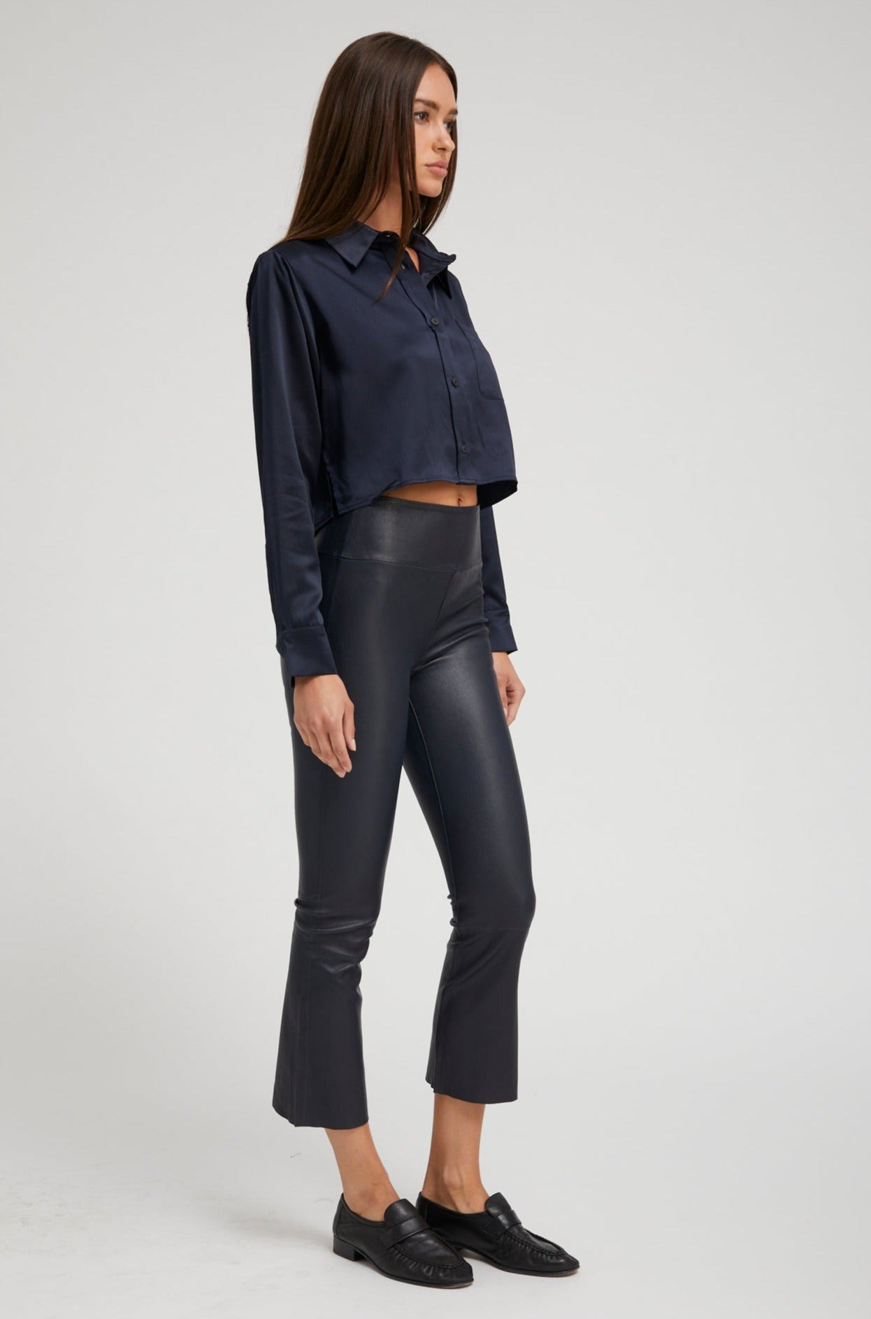 NAVY LEATHER CROP FLARE - 3