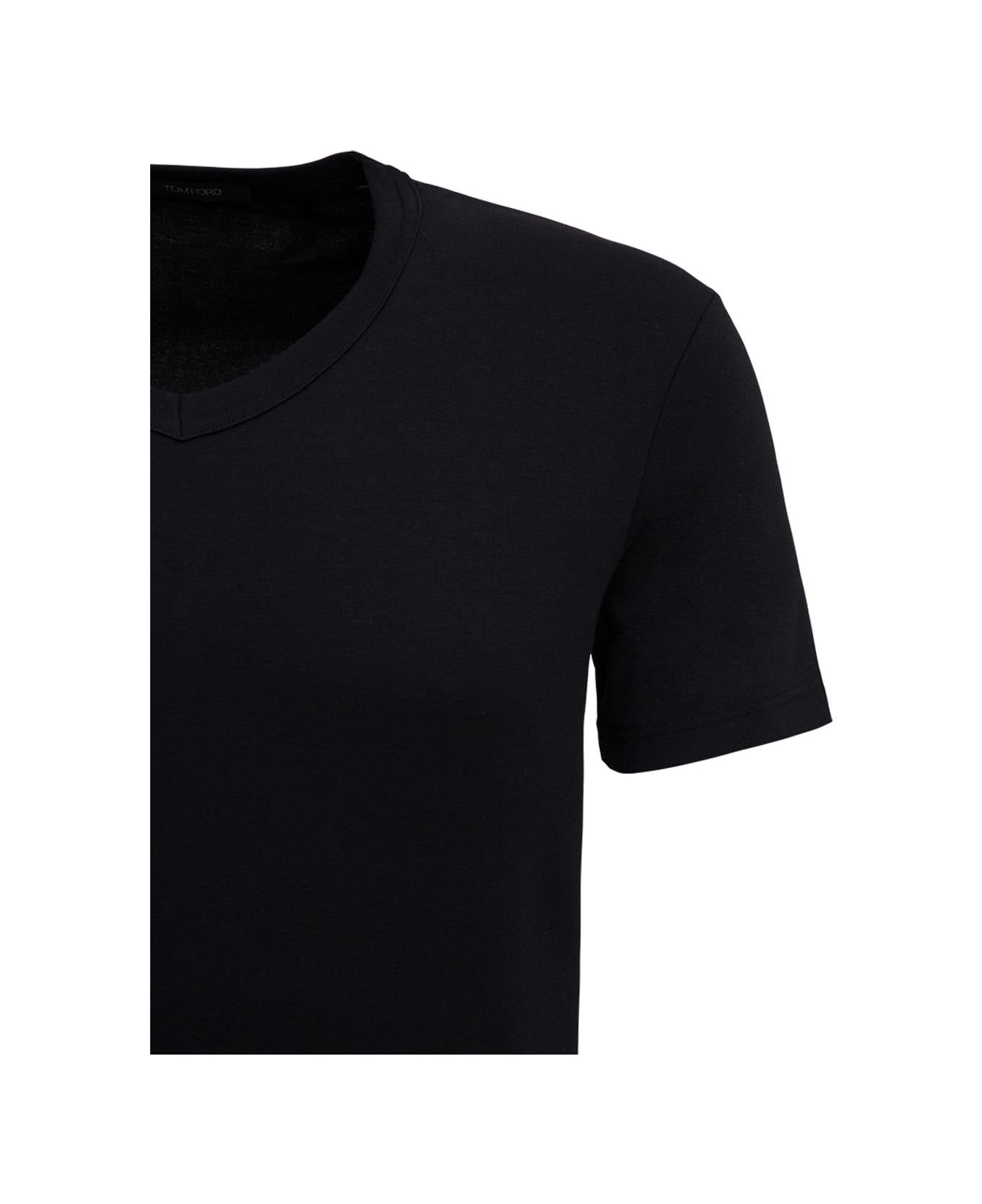 Black V-neck T-shirt Short Sleeves In Cotton Stretch Man - 3