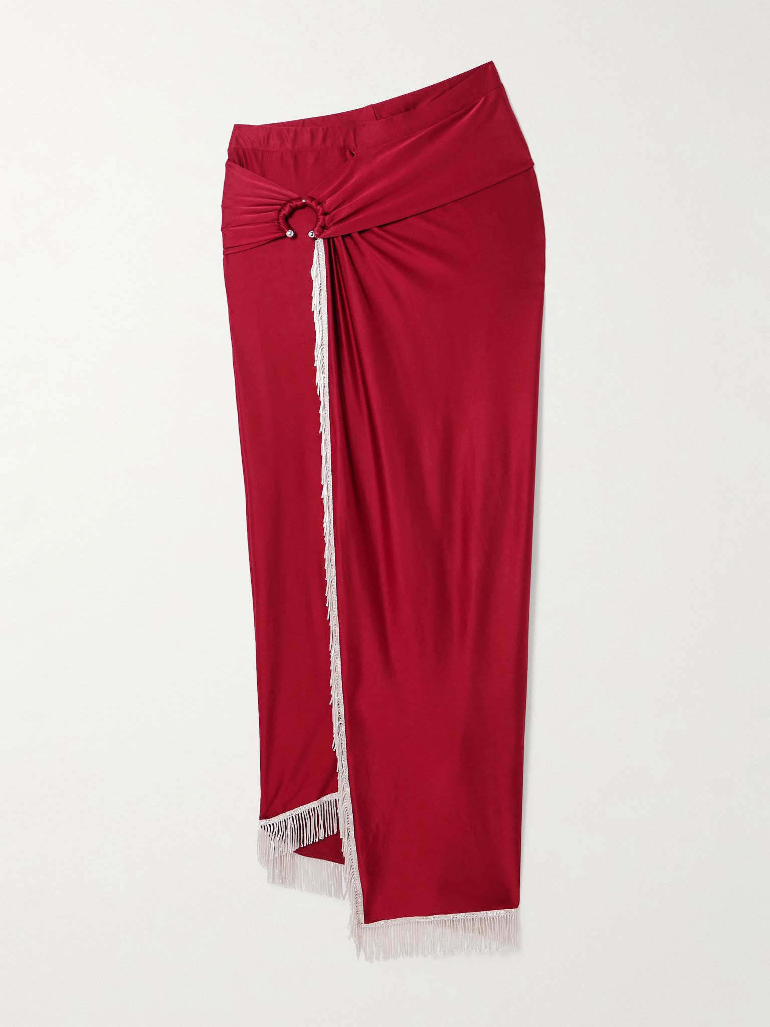 Fringed embellished satin-jersey midi skirt Red - 1