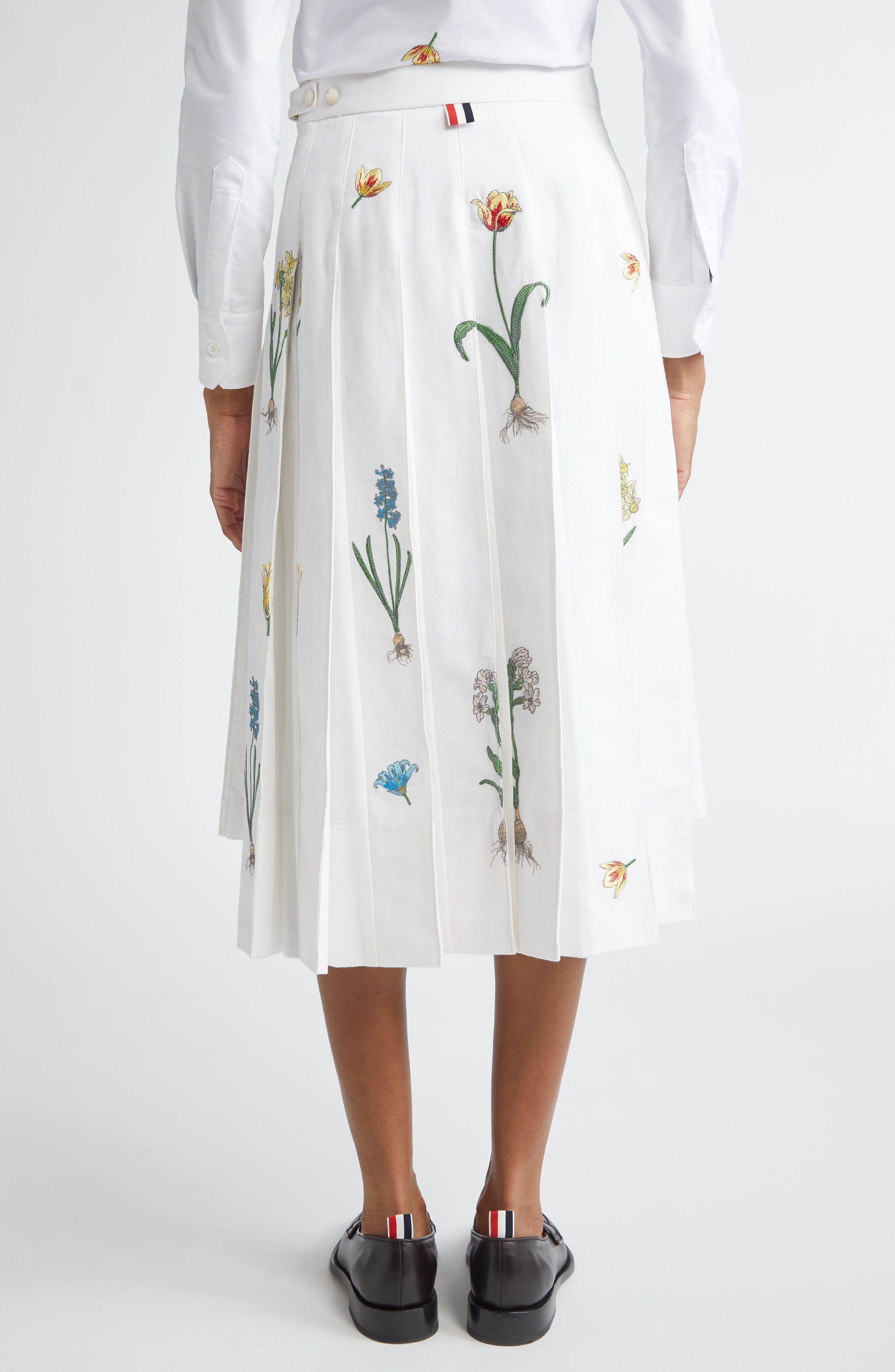 Thom Browne Botanical Embroidered Pleated Cotton & Linen Midi Skirt in White at Nordstrom - 3