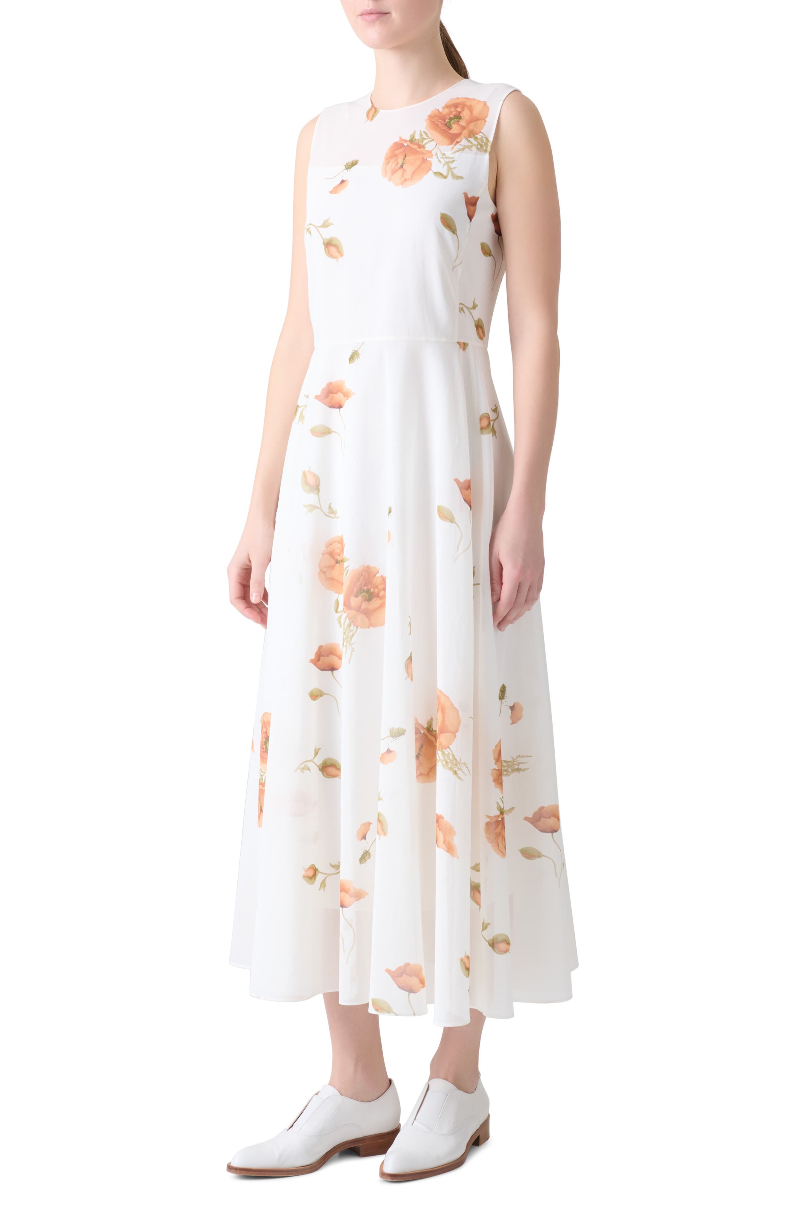 Akris Poppy Print Sleeve Cotton Midi Dress in Ecru-Terra at Nordstrom - 2
