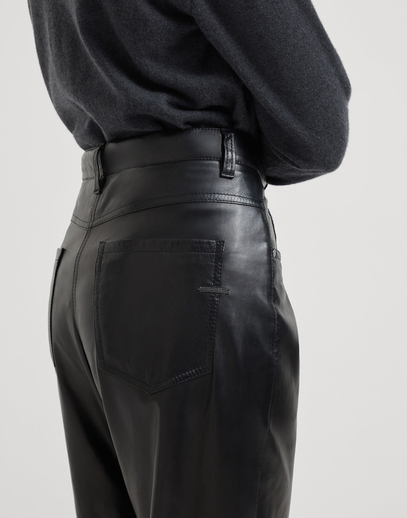 Smooth nappa leather wide five-pocket trousers with shiny tab 3