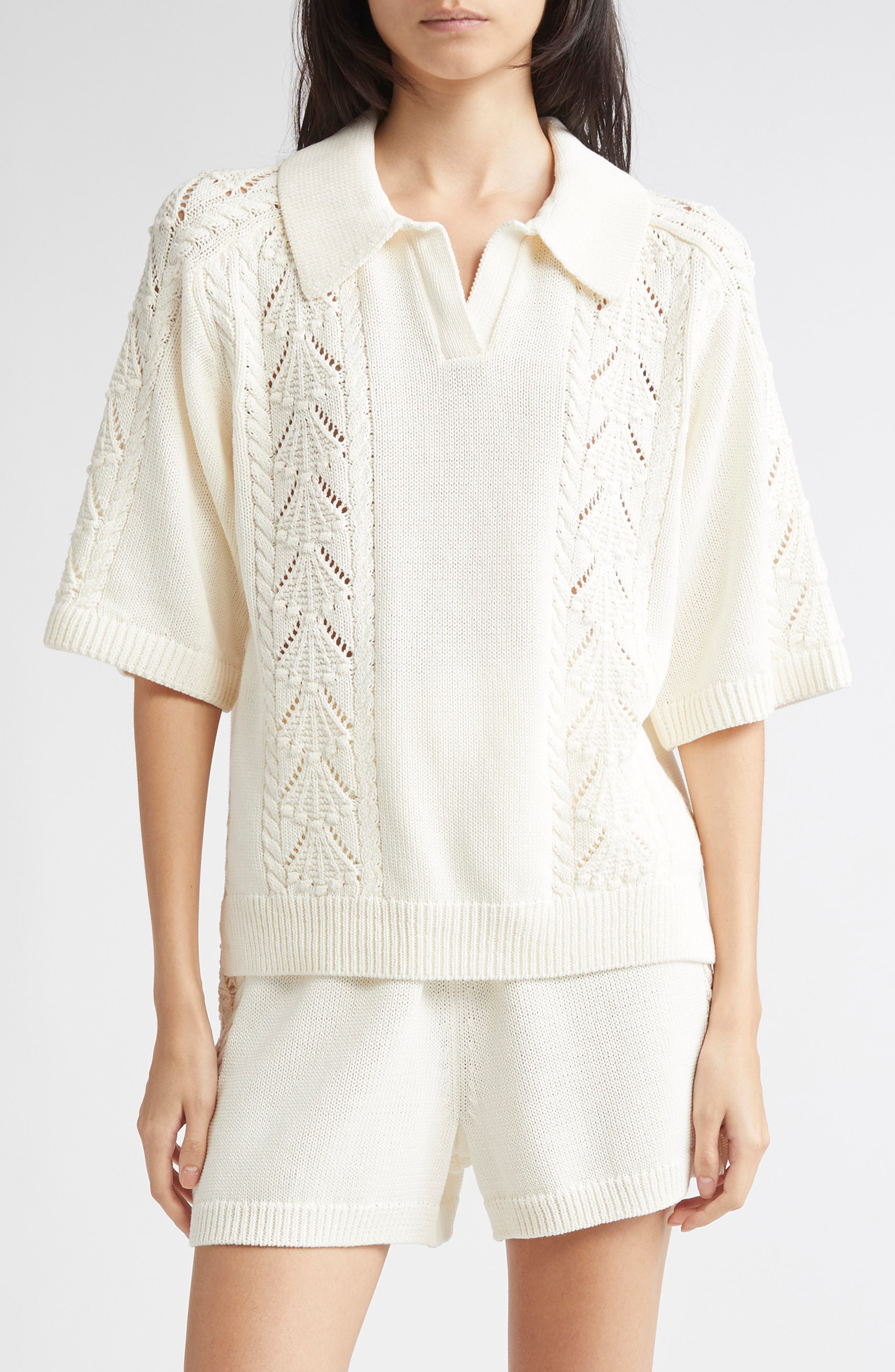 LOULOU DE SAISON Kina Johnny Collar Cotton Sweater in Ivory at Nordstrom - 1