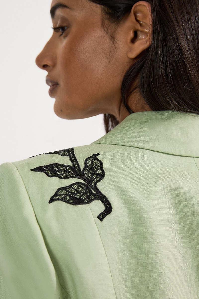 Viscose Linen Placed Floral Lace Embroideried Tailored Jacket 5