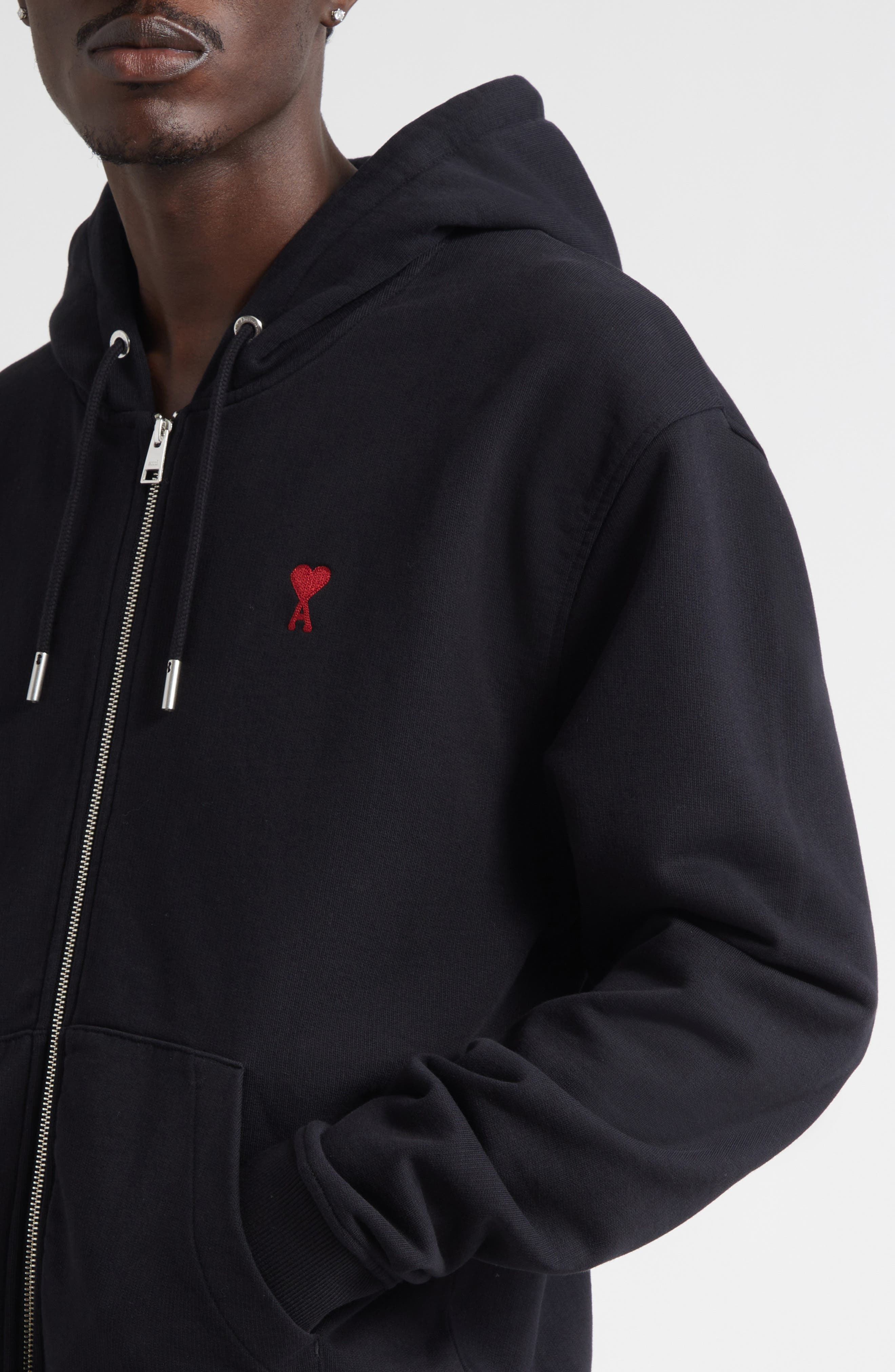 AMI PARIS Ami de Coeur Logo Embroidered Zip Hoodie in 001 Noir at Nordstrom - 4