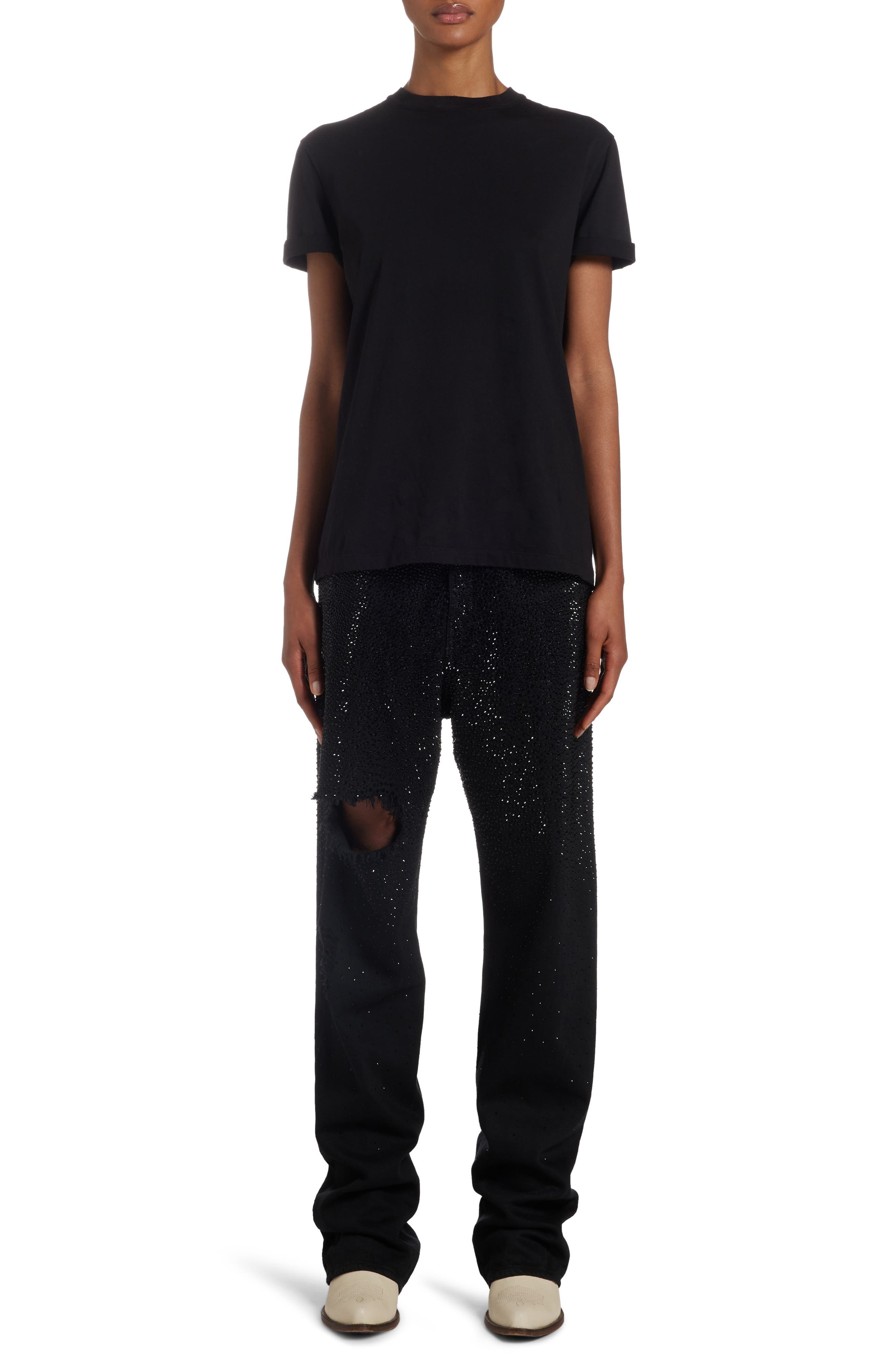 Crystal Embellished Ripped Straight Leg Jeans - 2