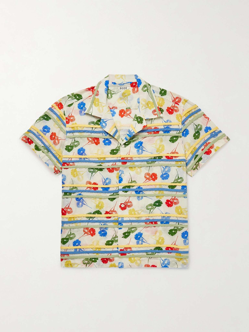 Flower Stamp Camp-Collar Appliquéd Printed Cotton-Gauze Shirt - 1