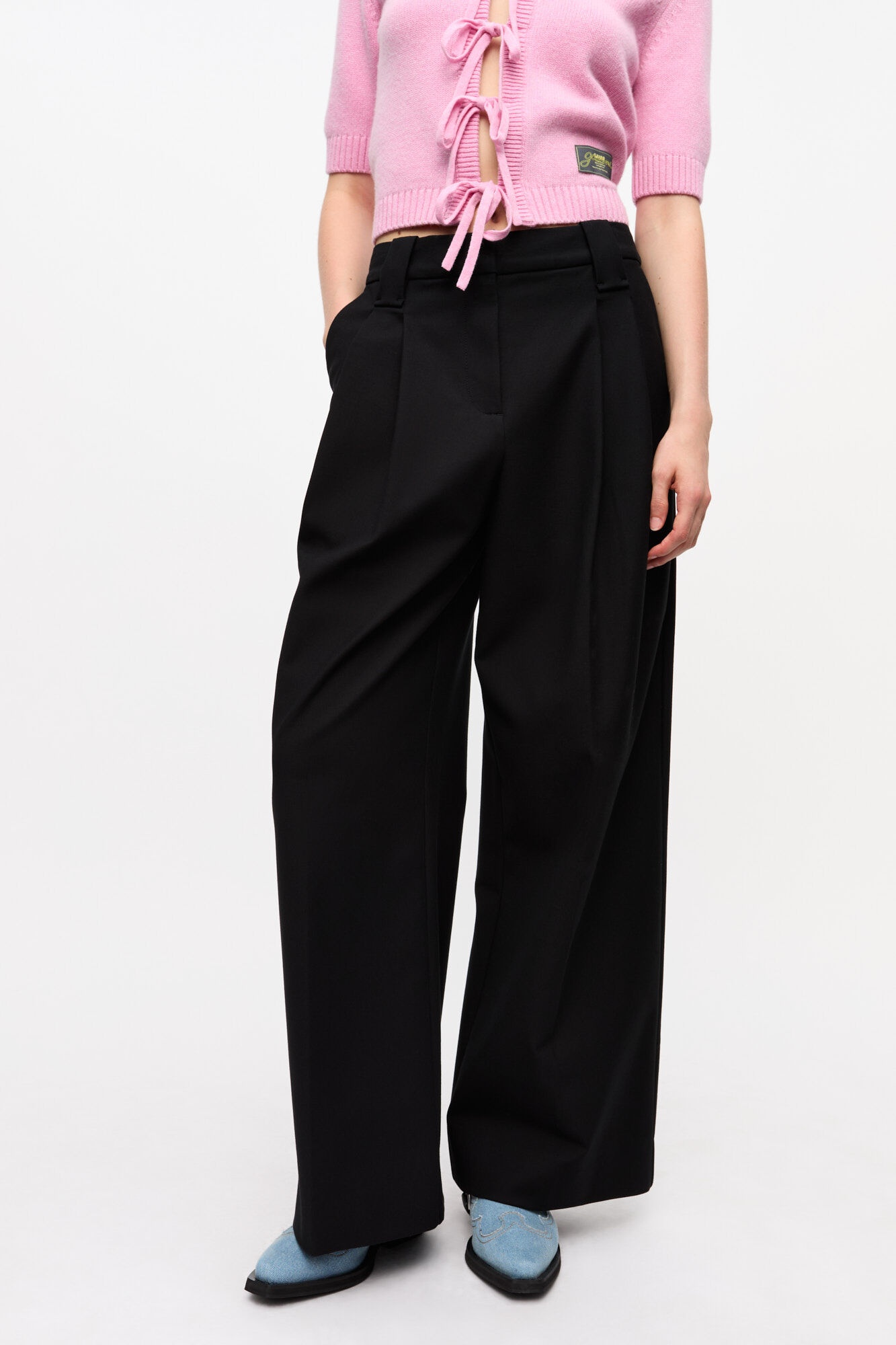BLACK HEAVY COTTON TAILORING MID WAIST PANTS - 3