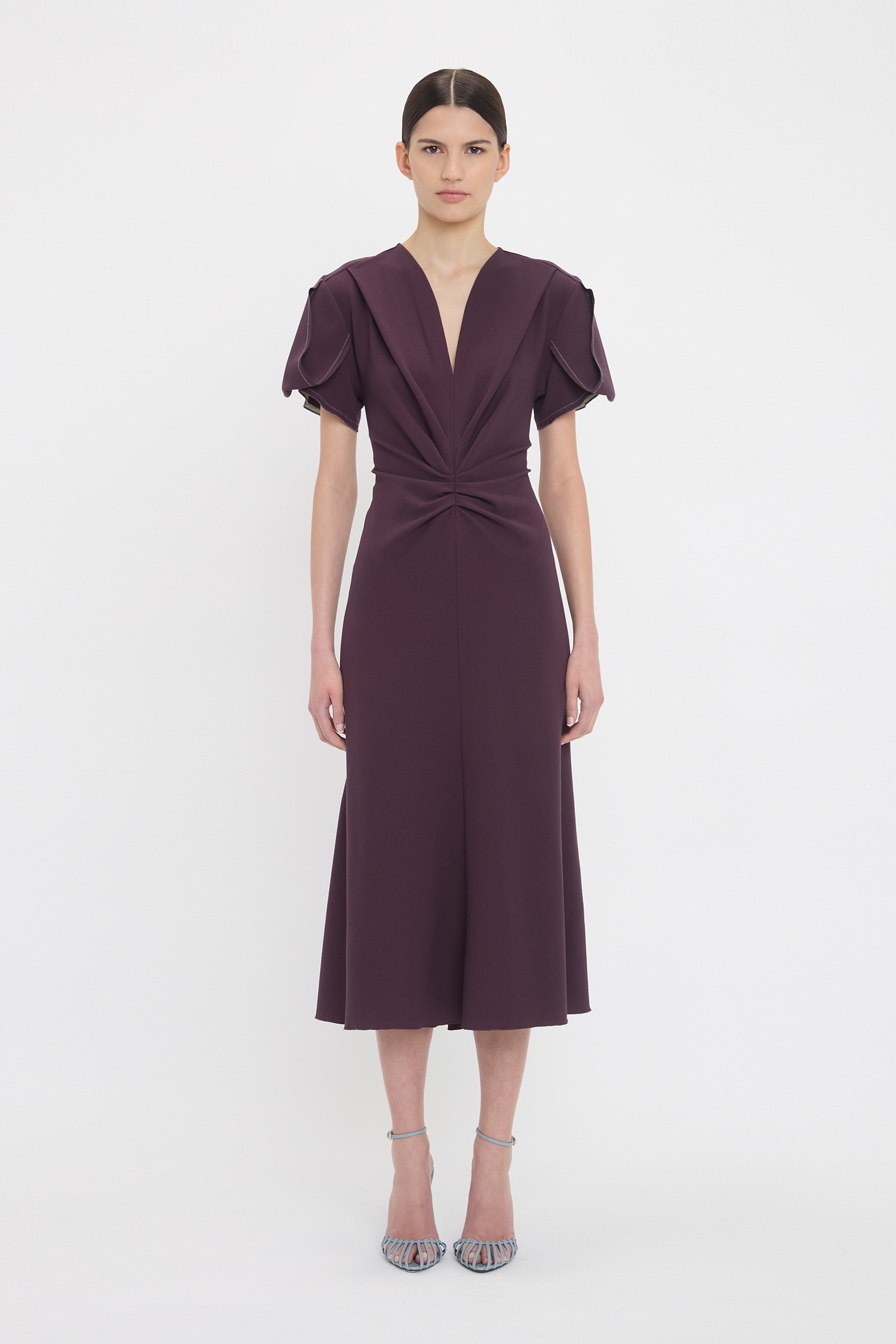 Gathered V-Neck Midi Dress In Fig - 2