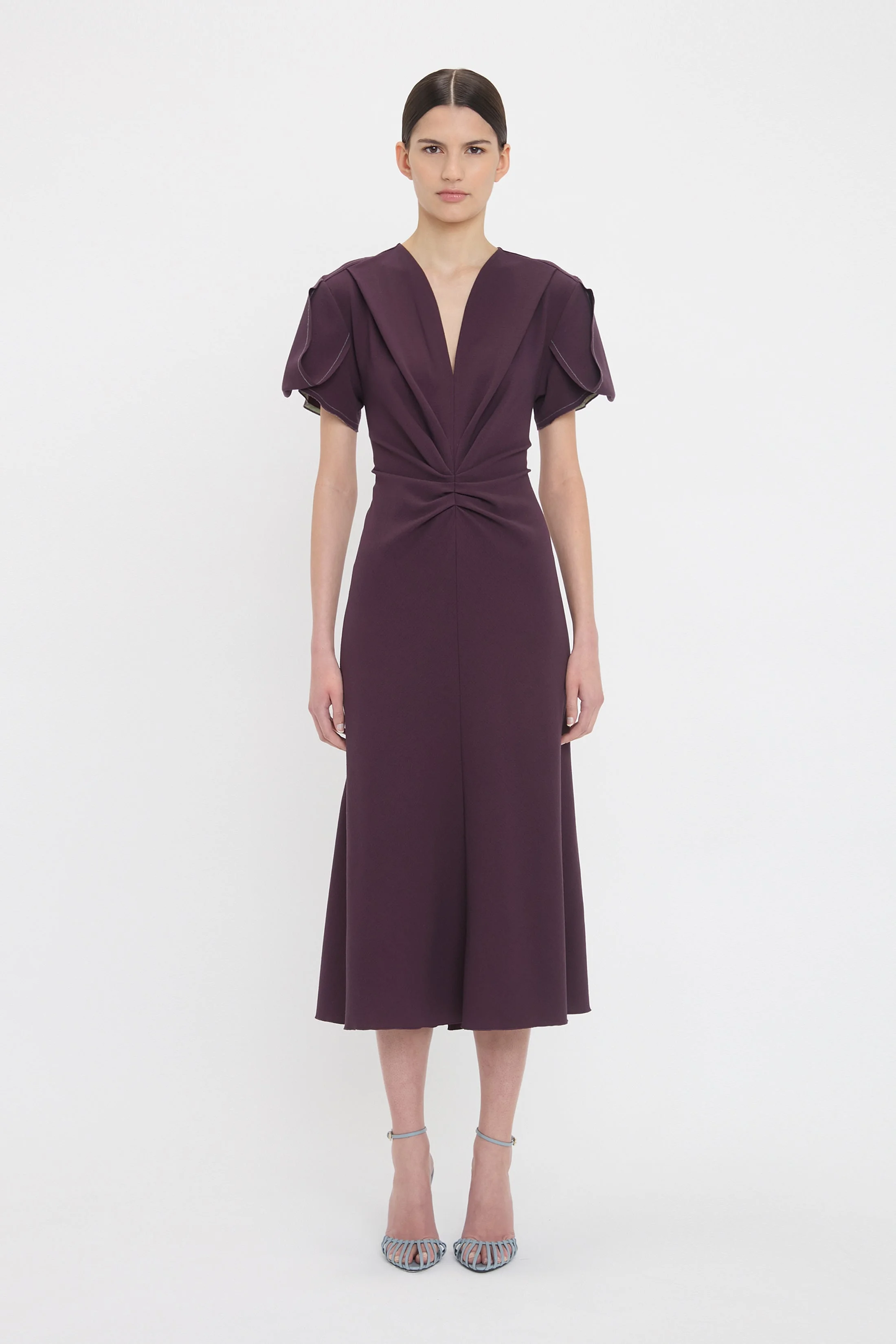 Victoria Beckham Gathered V-Neck Midi Dress In Fig | REVERSIBLE