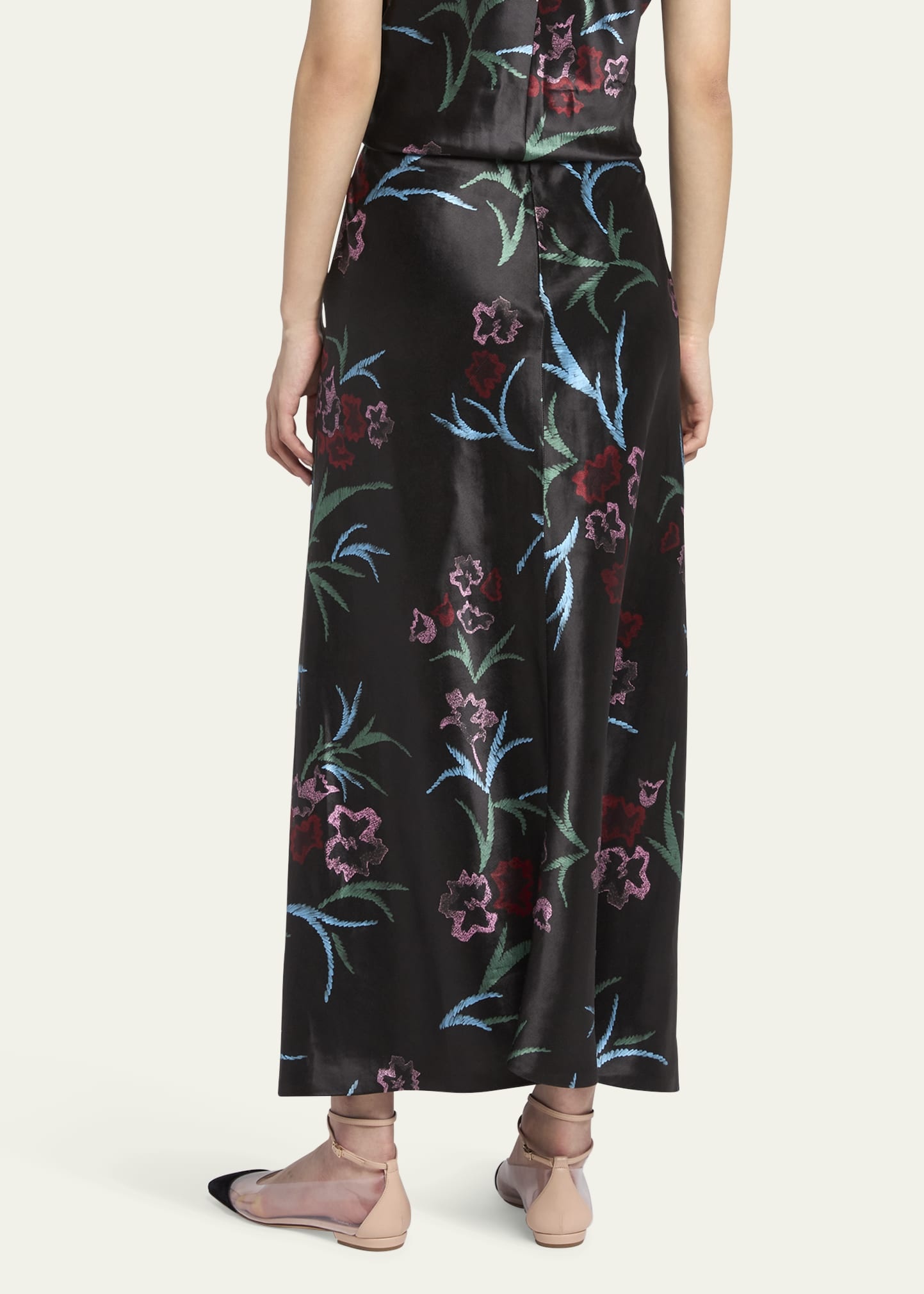 Floral Printed Maxi Silk Skirt with Pleated Center Panel - 3