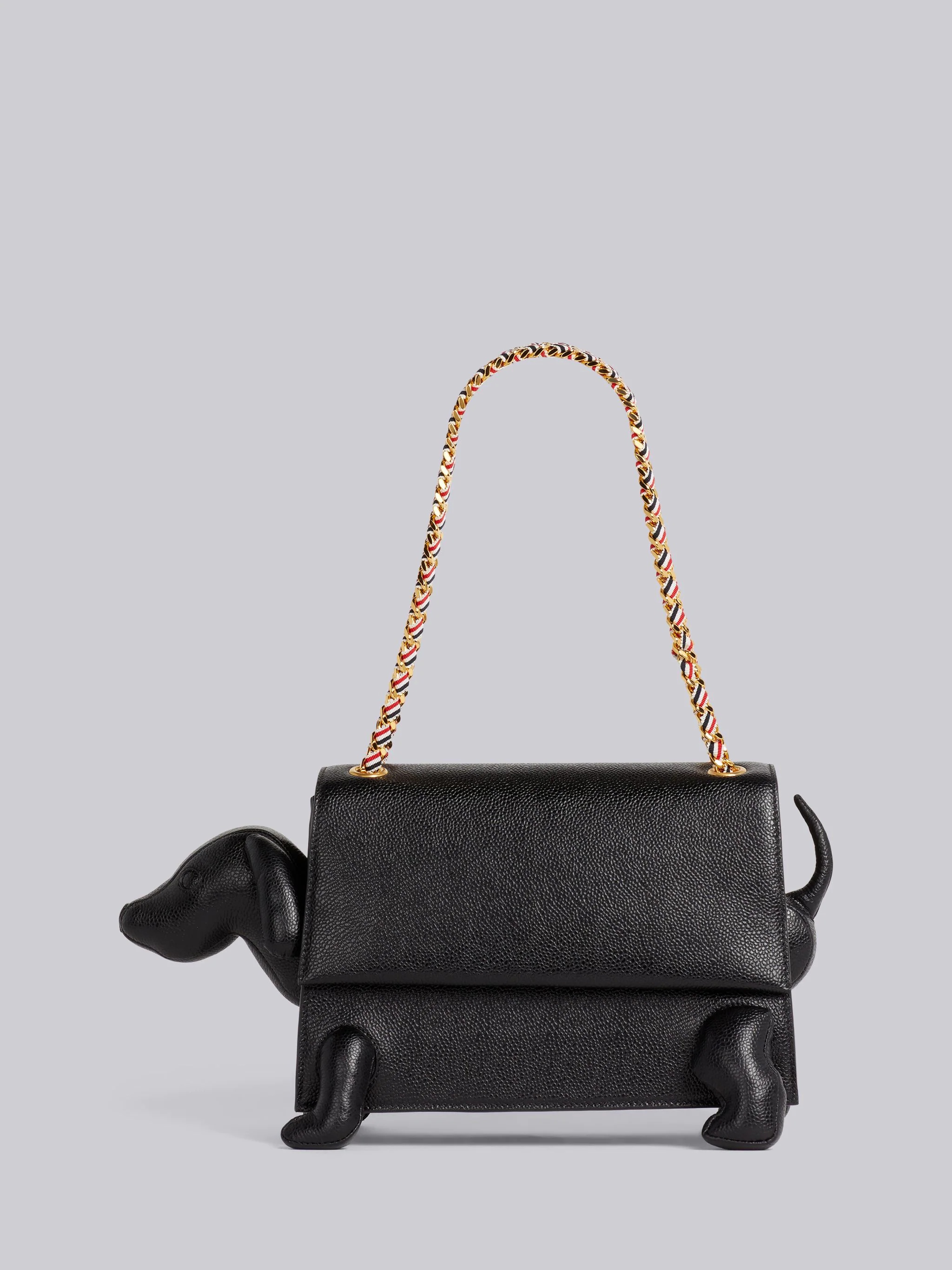 Black Pebble Grain Leather Stripe Grosgrain Chain Hector Flap Bag - 1