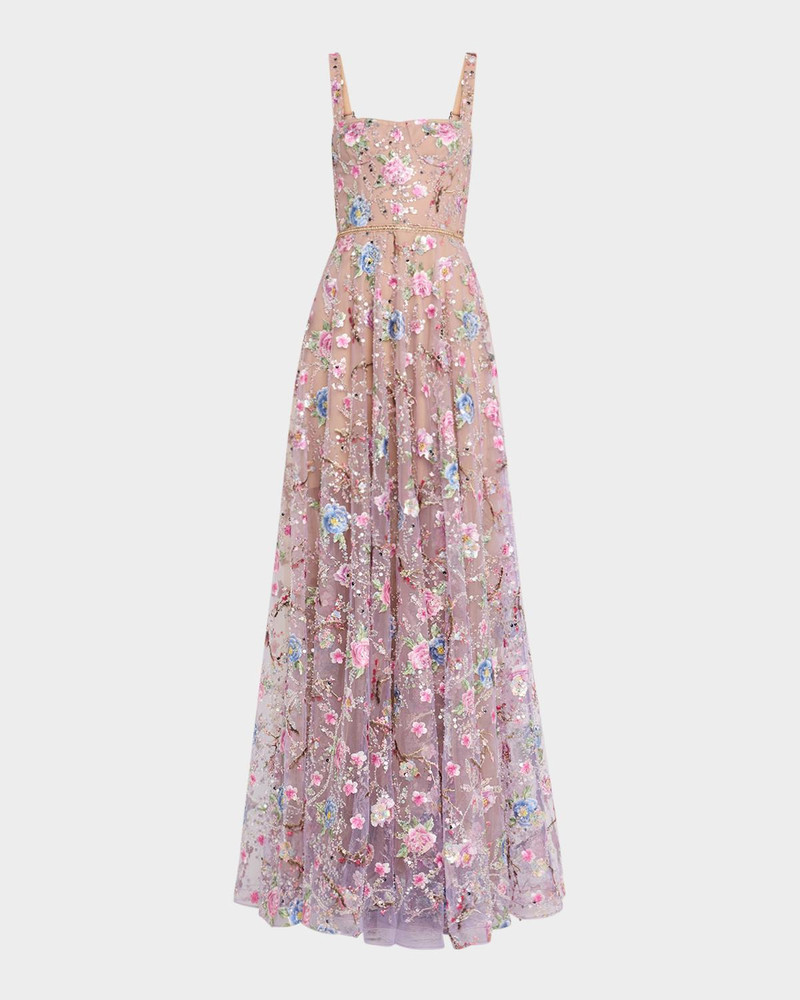 Midnight Floral-Embroidered Bead & Sequin Gown 1