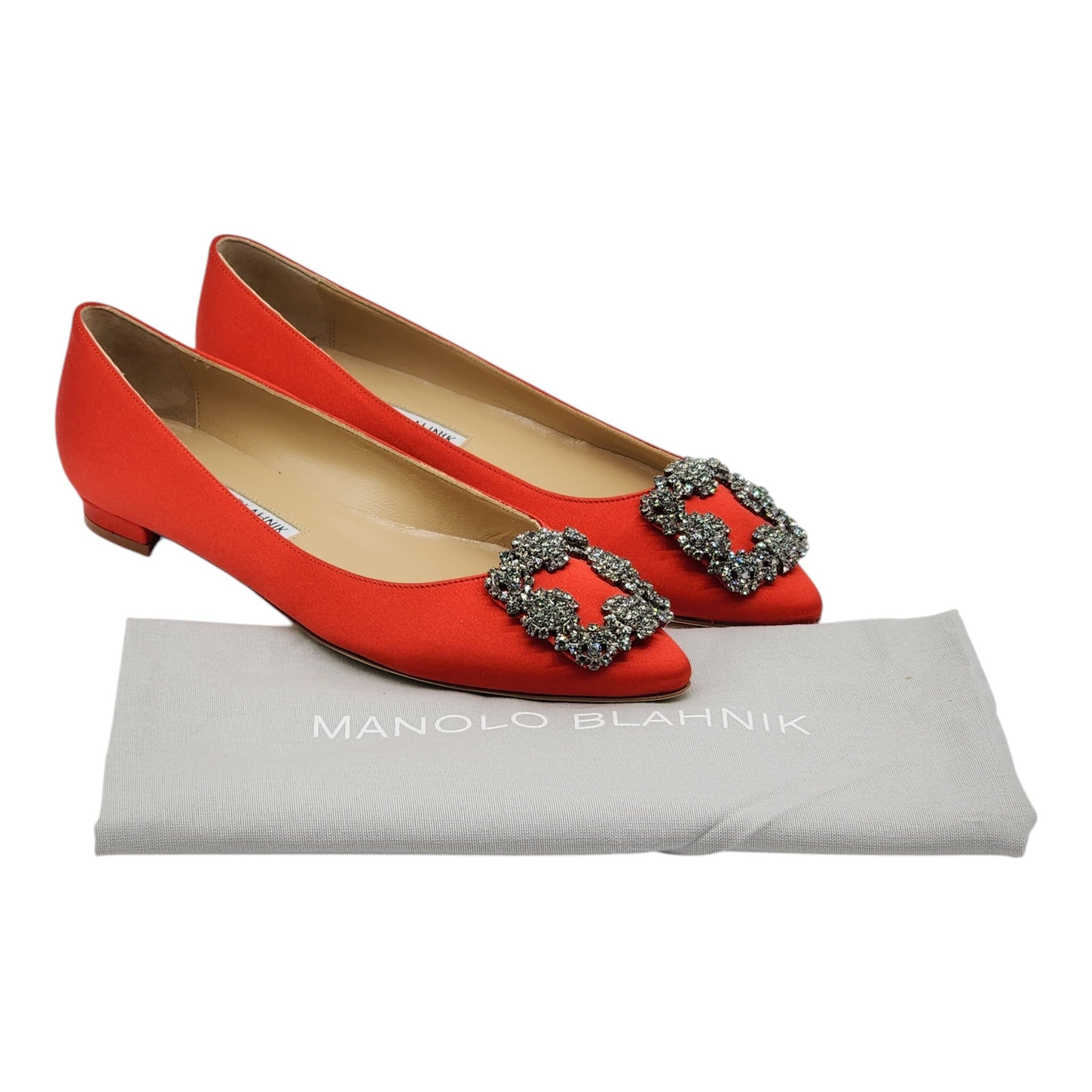 Manolo Blahnik Hangisiflat Jewel Buckle Flat Pumps - Satin - Red 35 - 9