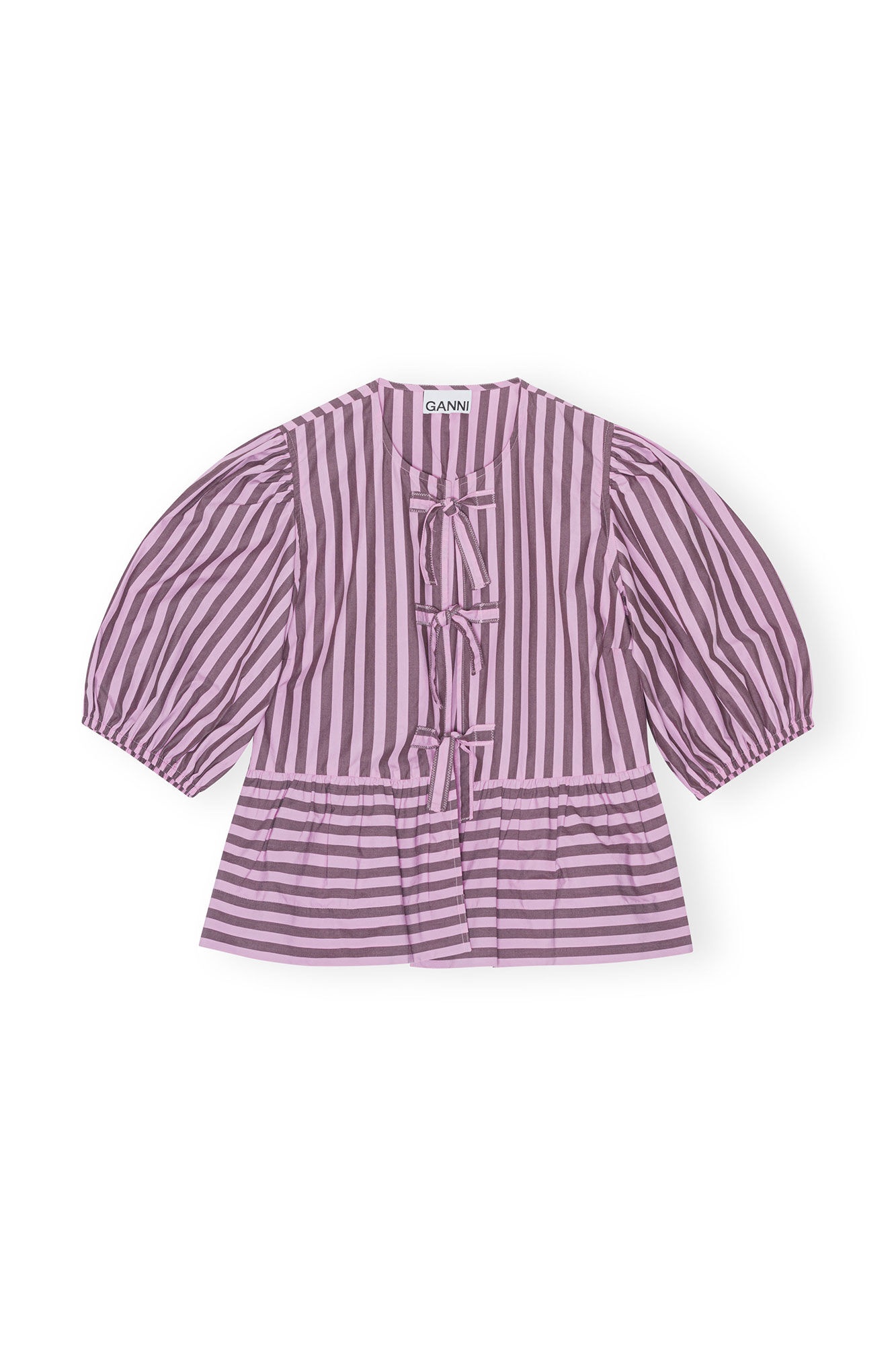 STRIPED COTTON POPLIN PEPLUM TIE BLOUSE - 6