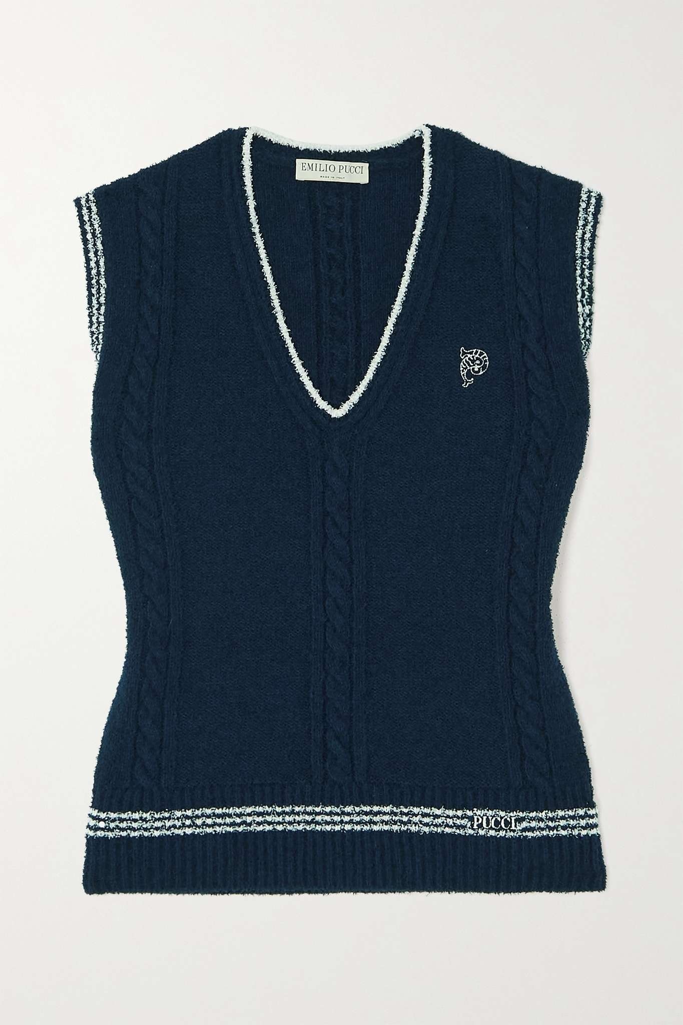 Striped embroidered cable-knit cotton-blend vest - 1