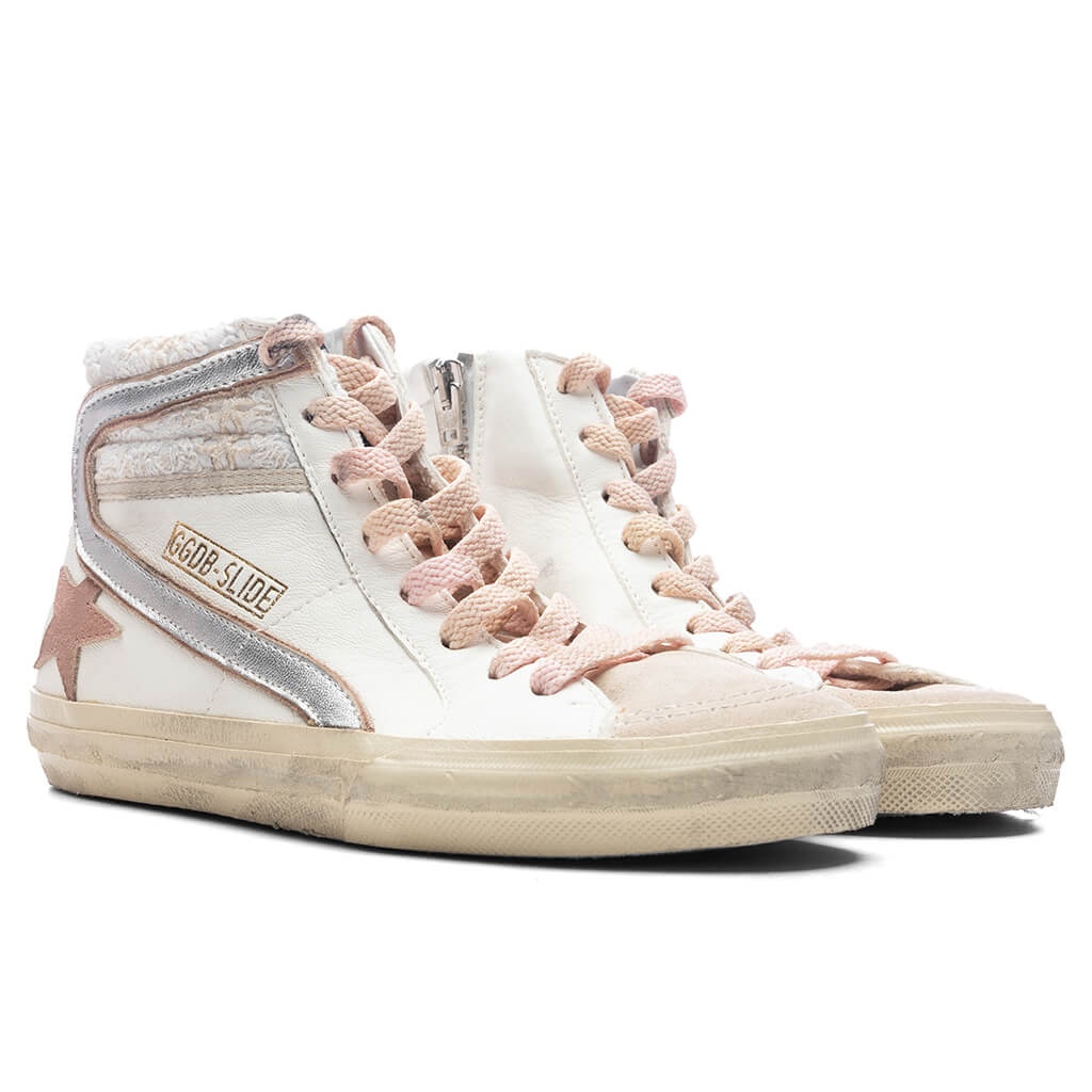 WOMEN'S SLIDE SUEDE SNEAKER - WHITE/BEIGE/SILVER - 2