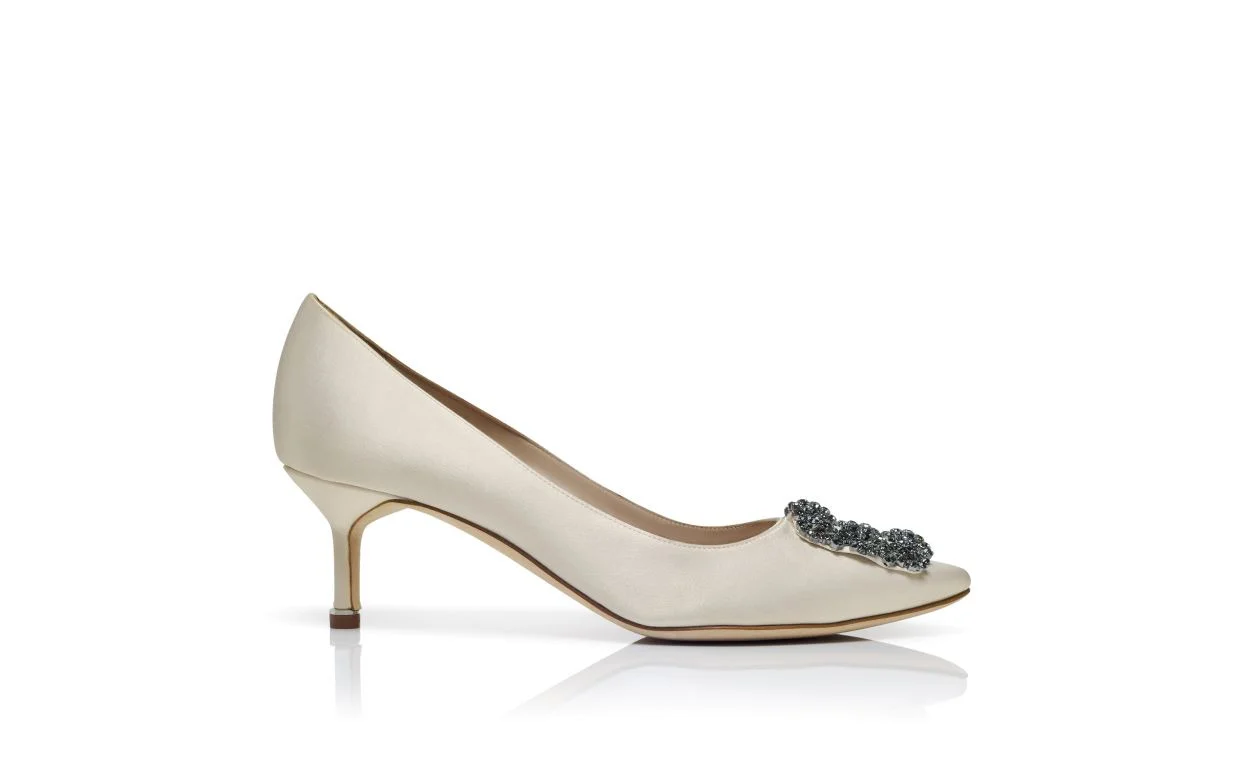 White Satin Jewel Buckle Pumps - 1