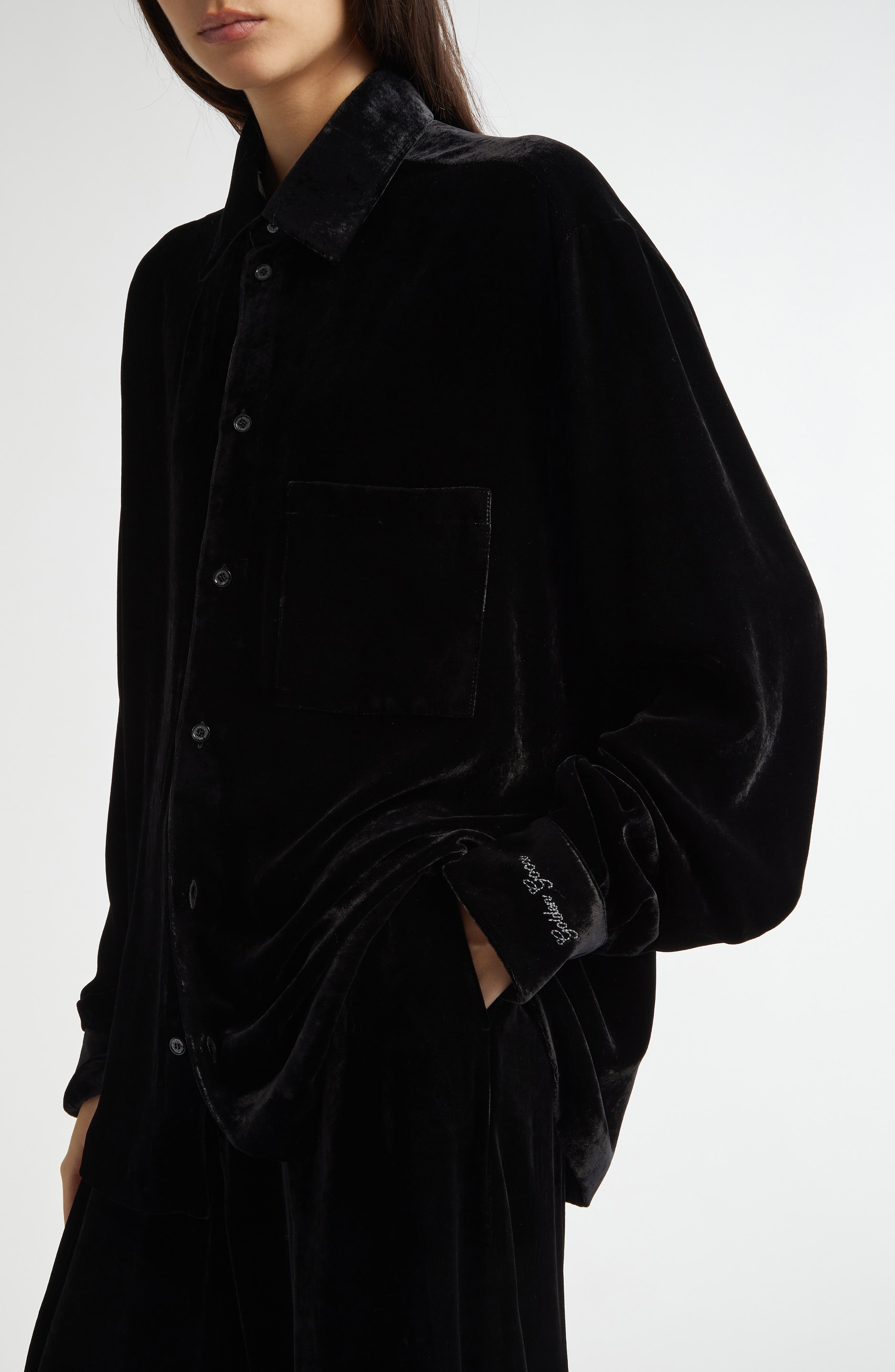 Golden Goose Journey Collection Boxy Washed Velvet Button-Up Shirt in Black at Nordstrom - 5