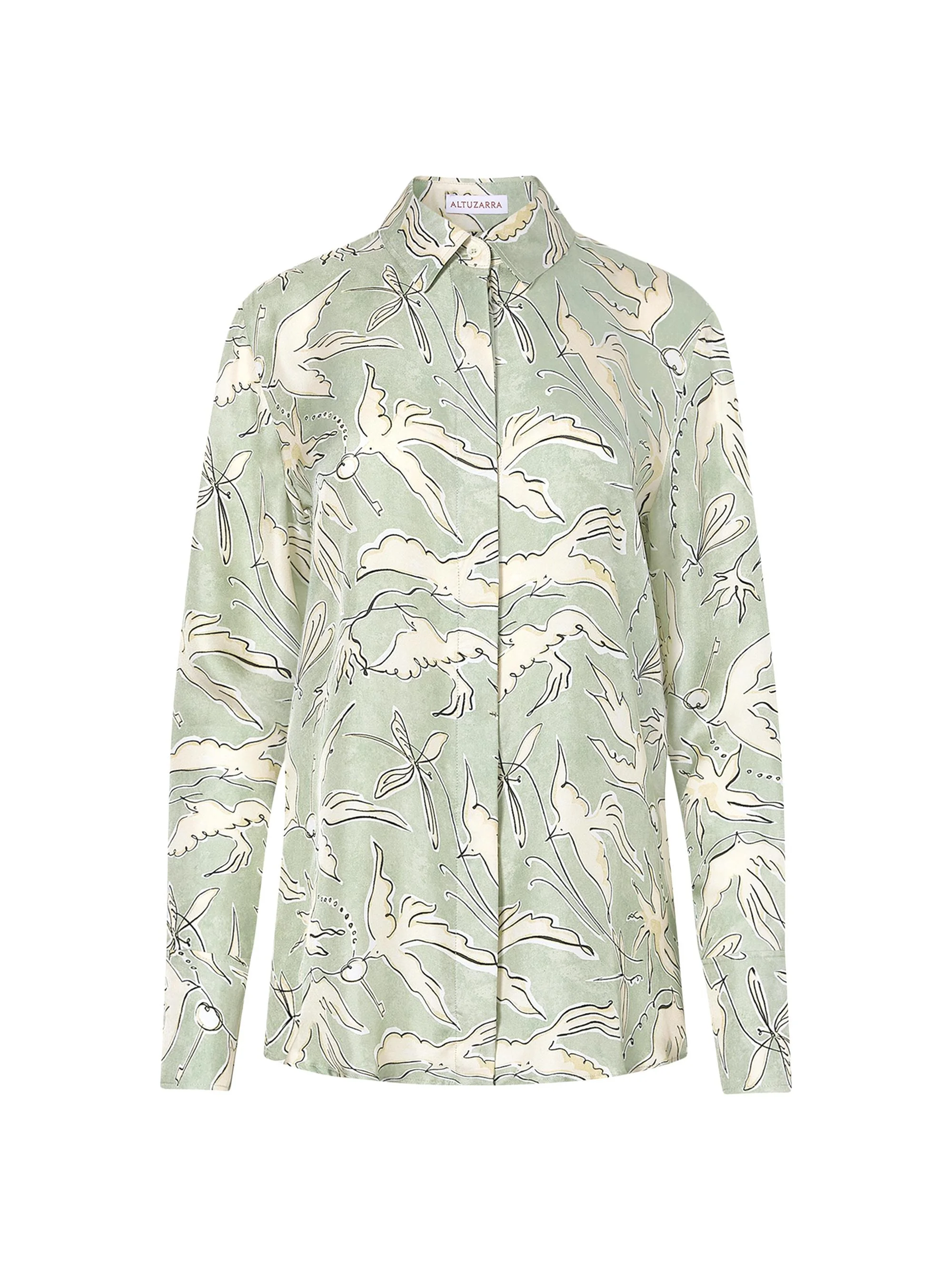 Women's Chika Bird-Print Silk Button-Front Top - Desert Sage Bird - 1
